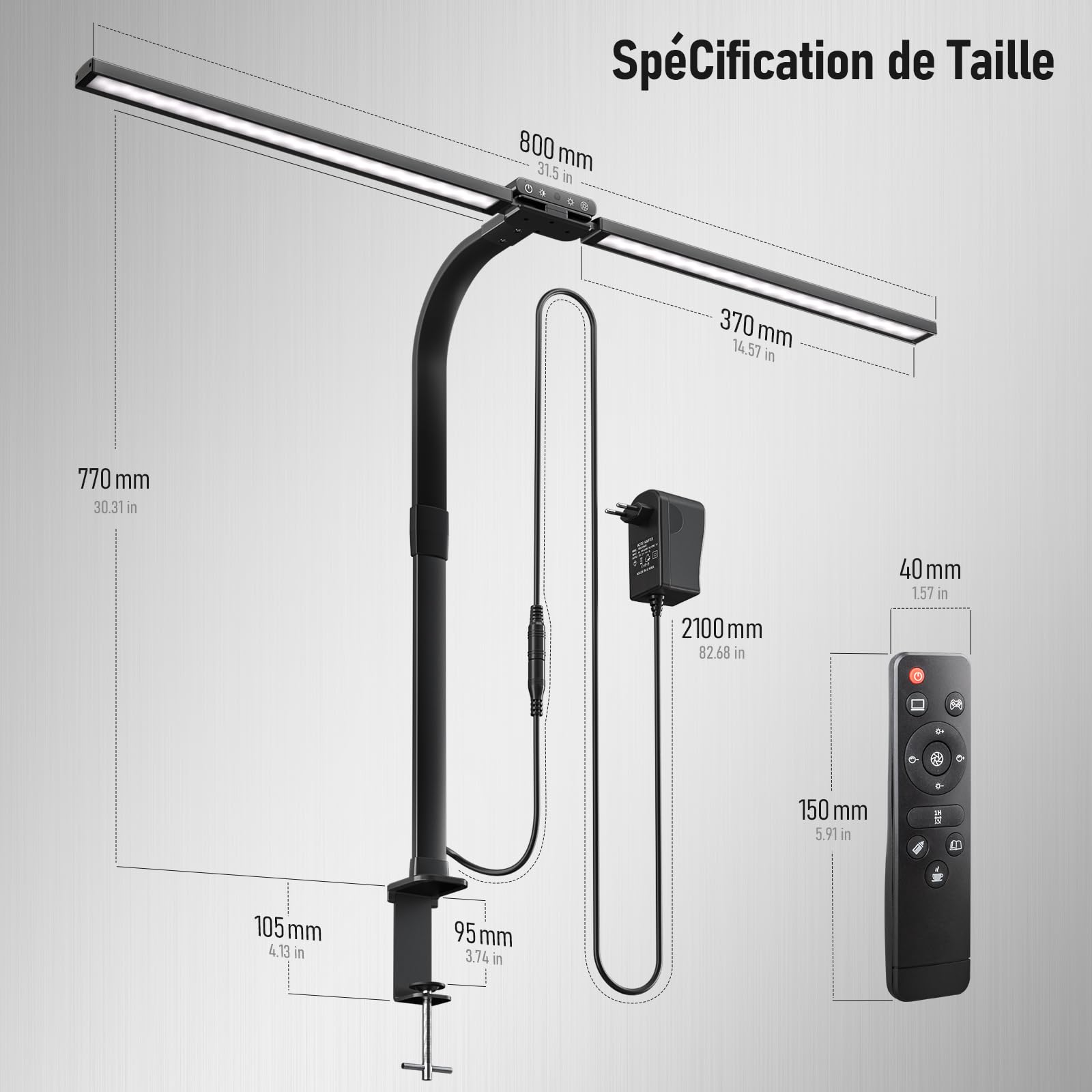 Jeebel Lampe de Bureau LED 24W 80cm Double Tête avec Télécommande, Pince 9,5cm, Réglable 360°, 10 Modes Couleur, 10 Luminosité, 1800LM