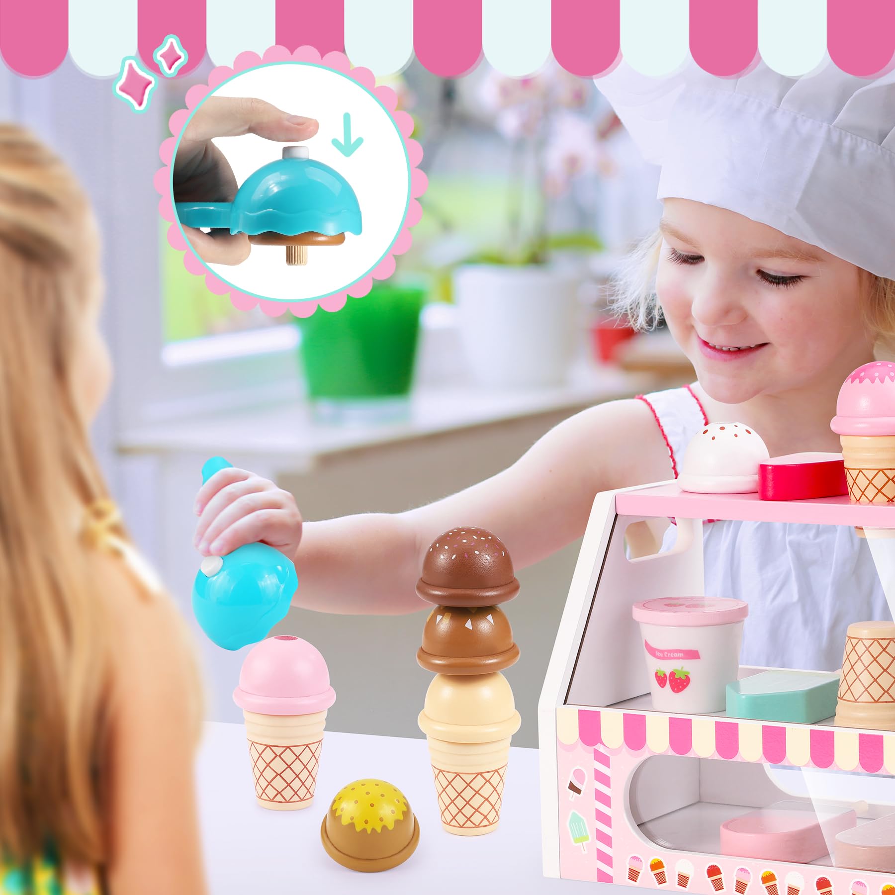 Wooden Ice Cream Set for Kids, More Pcs Wooden Role Play Ice Cream Shop Play Food Kitchen Toy Imaginative Toys Gift for 3 4 5 6 7 Year Old Girls & Boys, Christmas