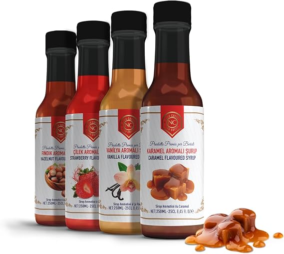Nish Coffee Caramel, Vanilla, Hazelnut, Strawberry Flavored Syrup Set of 4 4x250 Milliliters
