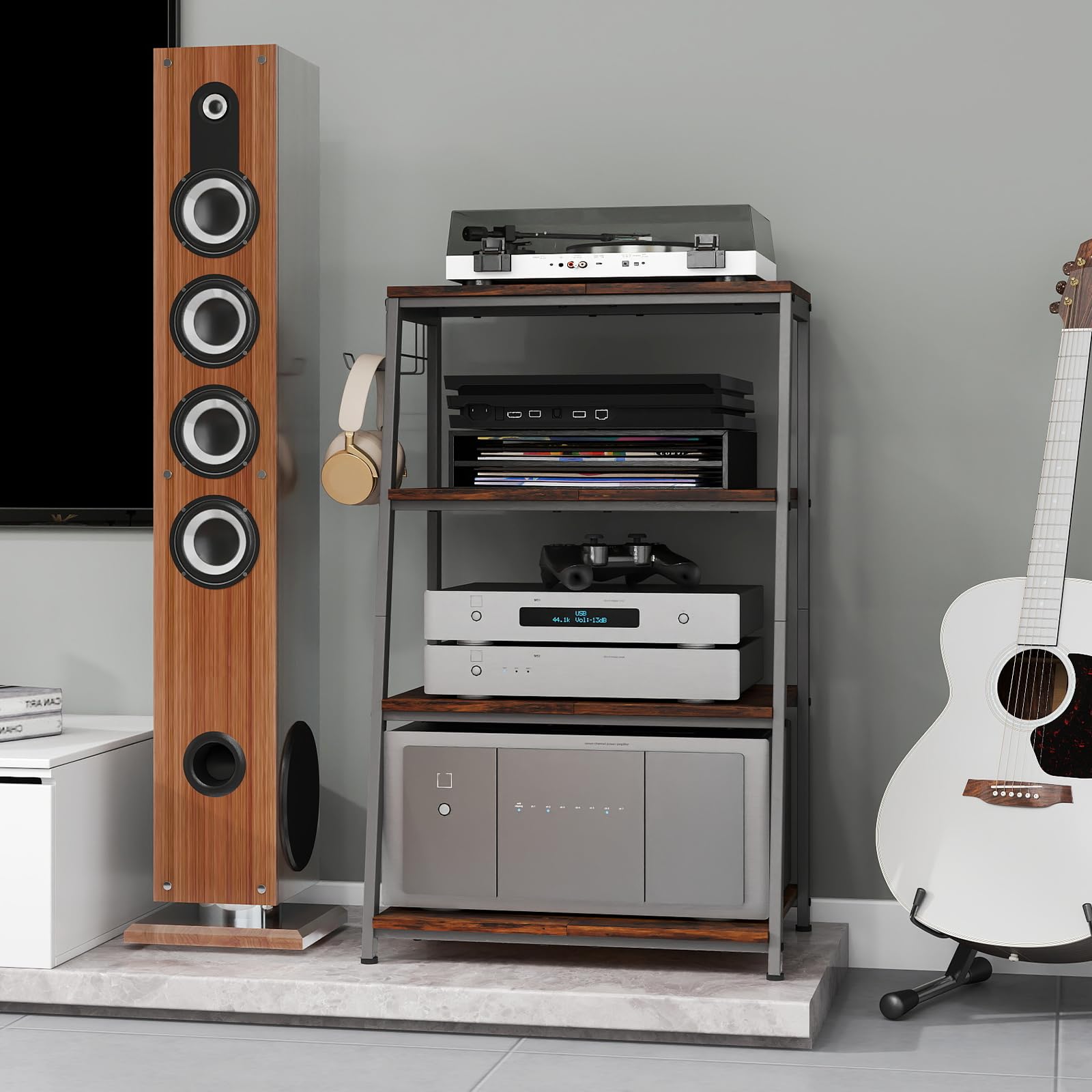 bimiti Meuble HiFi Bois à 4 Etagères Support pour Platine Vinyle avec Crochet pour Casque Audio,Platine Vinyle,Tourne Disque,TV Stéréo,Lecteur DVD Étagère Multimédia en Bois pour la Maison, Bureau