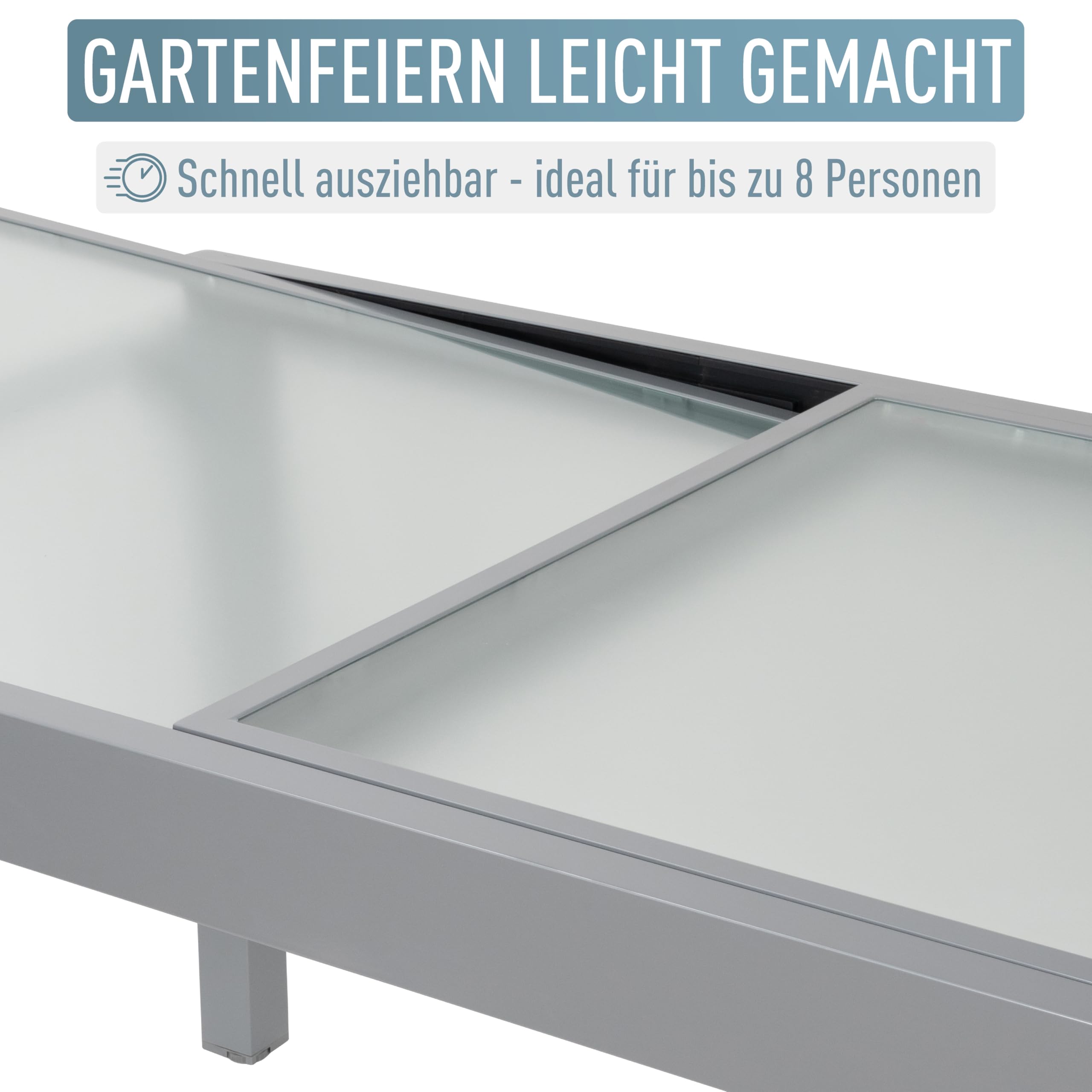 ib style Gartentisch Diplomat, Ausziehbar 90-180 cm, Outdoor, Aluminium Esstisch, Balkonmöbel, Gartenmöbel, Tischplatte aus Sicherheits Glas, Silber