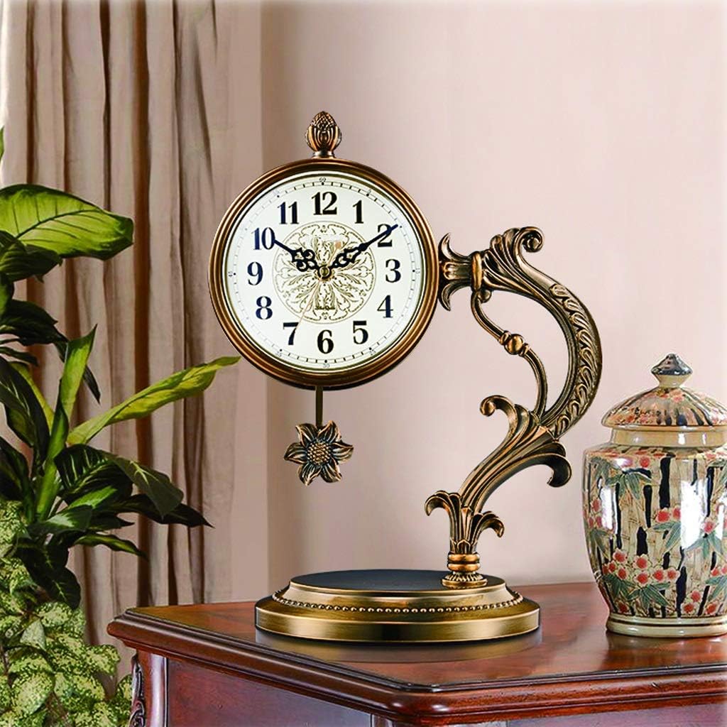 Retro Clock Mantel Clock Living Room Desk Clock/Home Mantel Clock/Desktop Pendulum Clock/Bedroom Table Clock/Silent, Metal Material, 15.4 Inches Modern Clock