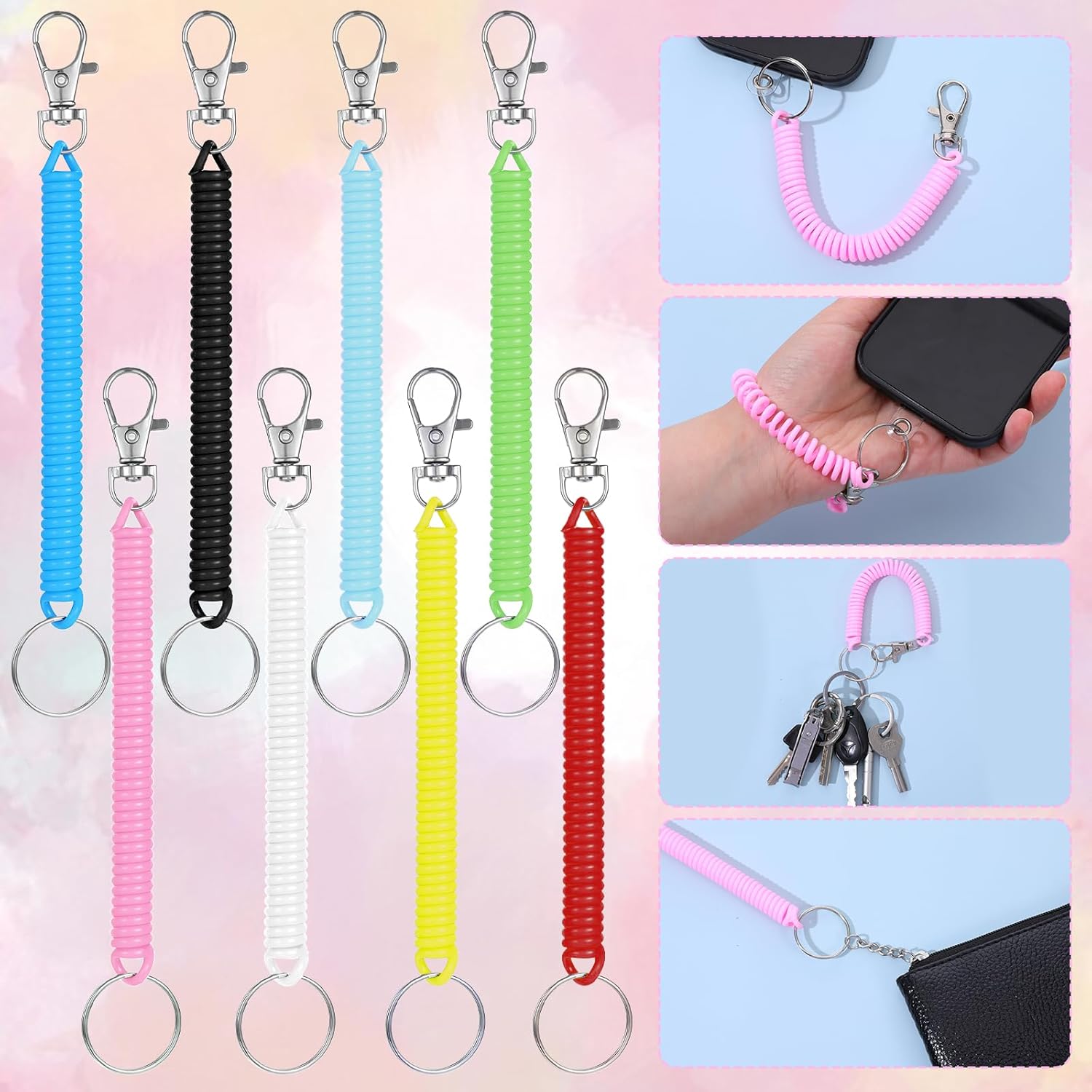 8 Pcs Retractable Spring Coil Keychain, Anti-Lost Stretch Cord Safety Key Chain With Metal Lobster Clasp, Multi-Color Coiled Lanyard Keychain for Wallet Chain Keys Phones(8 Colors) - Image 2