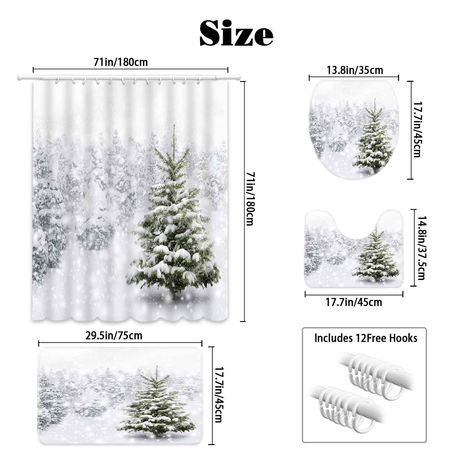 MEHOFOND Set di 4 tende da doccia invernali natalizie con tappeti antiscivolo copriwater e tappetino da bagno innevato foresta naturale nevicata set tenda da doccia invernale scena naturale natalizia