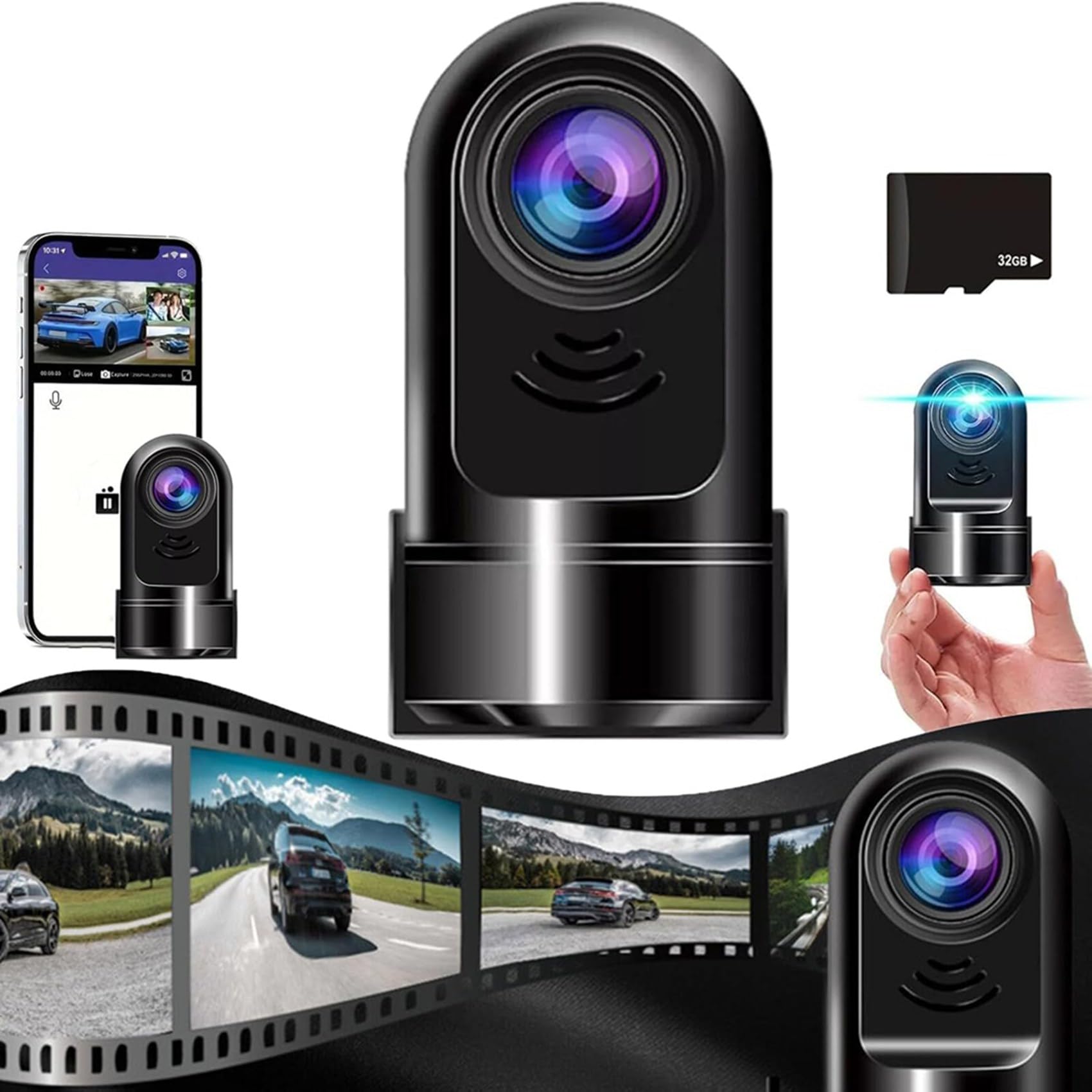 2 x 1080p HD 360° kamera na deskę rozdzielczą Mini ADAS, samochodowa kamera na deskę rozdzielczą z kartą 32 GB, tryb parkowania 24-godzinny / widoczność w nocy / wykrywanie ruchu