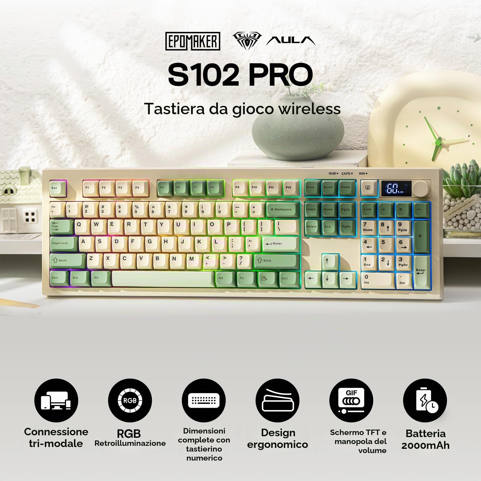 EPOMAKER AULA S102 PRO Tastiera da Gioco a Membrana con Schermo TFT, olume Knob & Number Pad, BT/2.4G/USB, RGB Backlit, Creamy Silicone Structure, Tastiera Silenziosa per Giochi PC/Ufficio (Retrò)