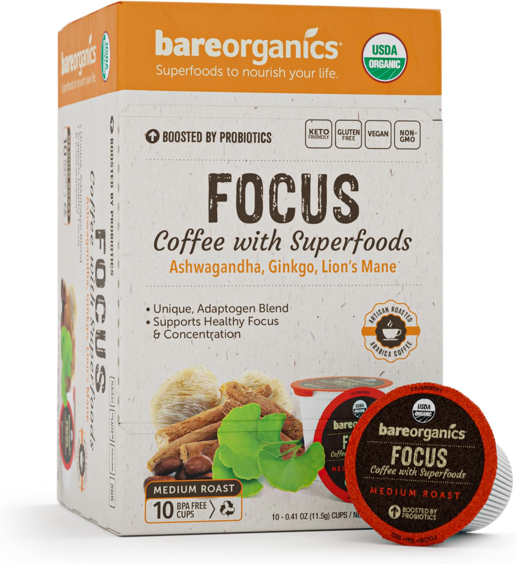 Focus Coffee with Superfoods - Organic Probiotic Mushroom Coffee Pods, Supports Healthy Focus & Digestion, Infused with Ashwagandha, Lion's Mane, and Cinnamon - 10 Recyclable Single Serve K-Cups