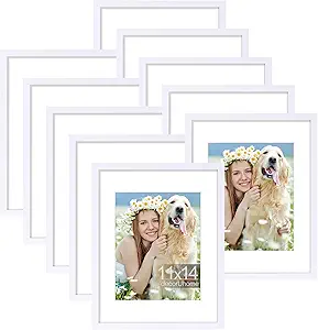decorUhome 11x14 Picture Frame Set of 10, Display Photos 8x10 with Mat or 11x14 Unmatted for Picture Frames Collage Wall Decor, White