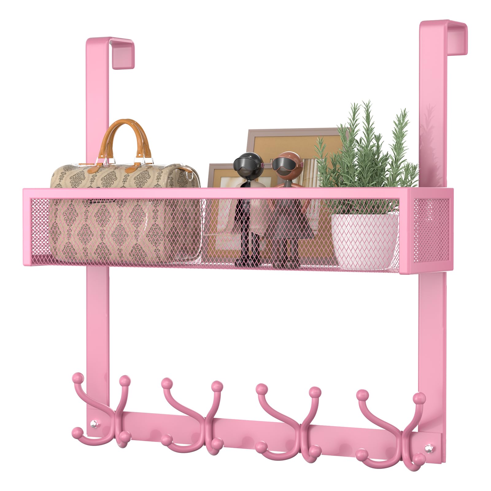 Consumest Organizador de ganchos para colgar sobre la puerta, con 16 ganchos y 2 cestas para colgar abrigos, ropa, toallas, gancho trasero de puerta para baño, armario, dormitorio universitario, color