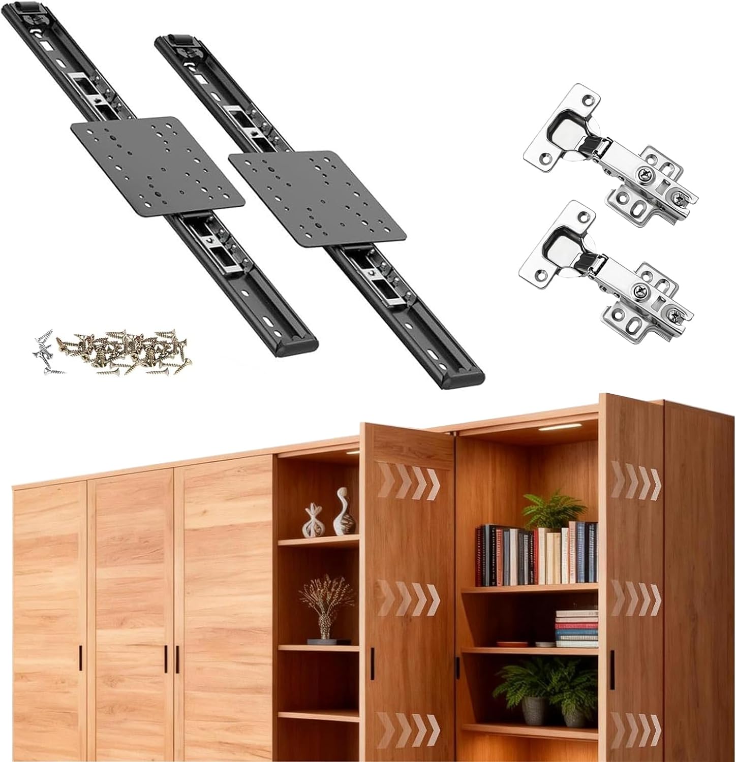 Sliding Hidden Door Tracks,Cabinet Pocket Door Drawer Runners Kit, 14"/350mm Smooth Gliding Pocket Slides with Hinges for Cabinet and Recessed Doors