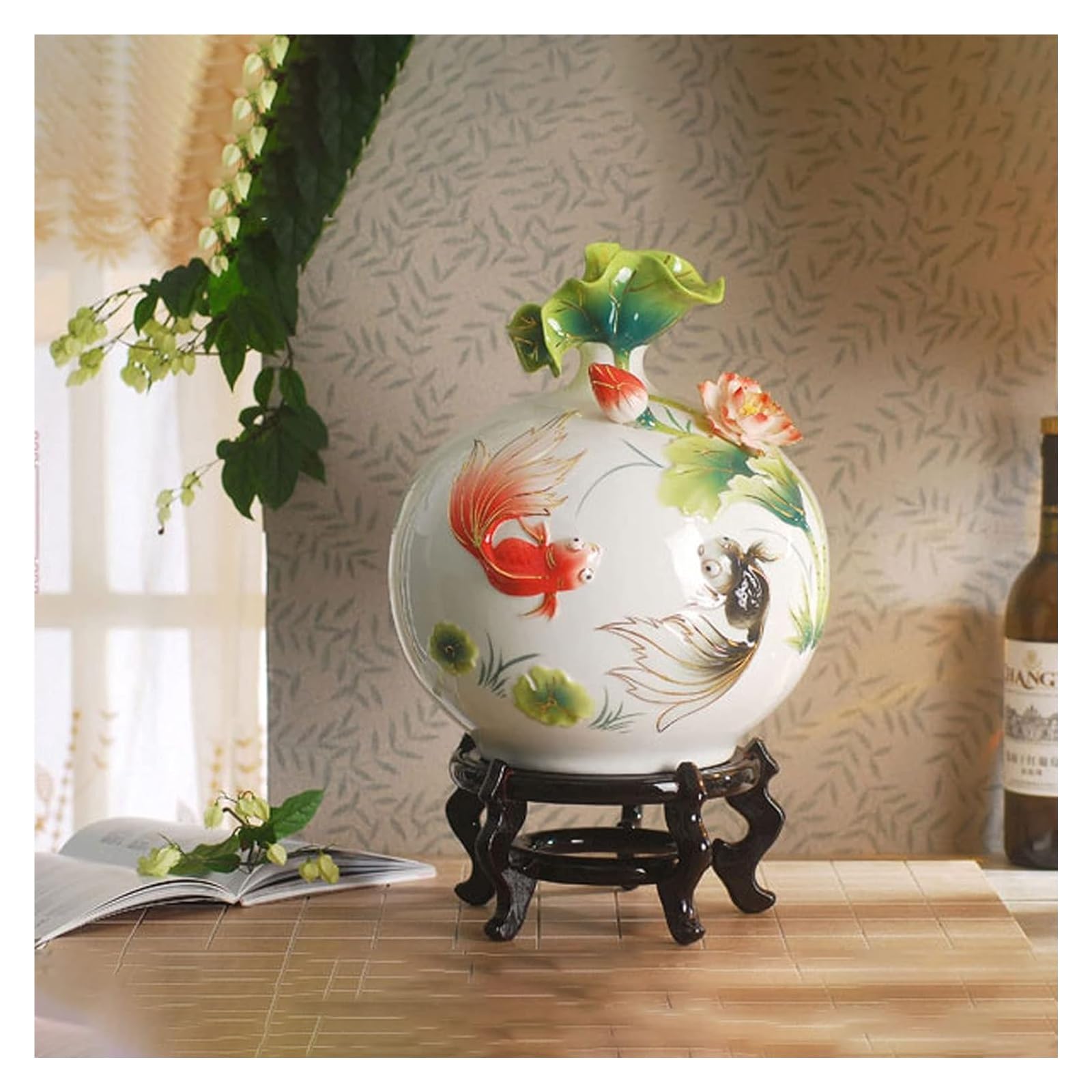 Amazon｜彫刻の花瓶 花びん 花瓶 景徳鎮 花瓶 高級 立体蓮池金魚 陶器