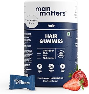 Man Matters Biotin Hair Gummies (60N) | No Added Sugar | With Biotin, DHT Blockers, Vitamin A, C, E, Fibre & Zinc | For Stronger and Healthier Hair | 100% Veg & Gut Friendly