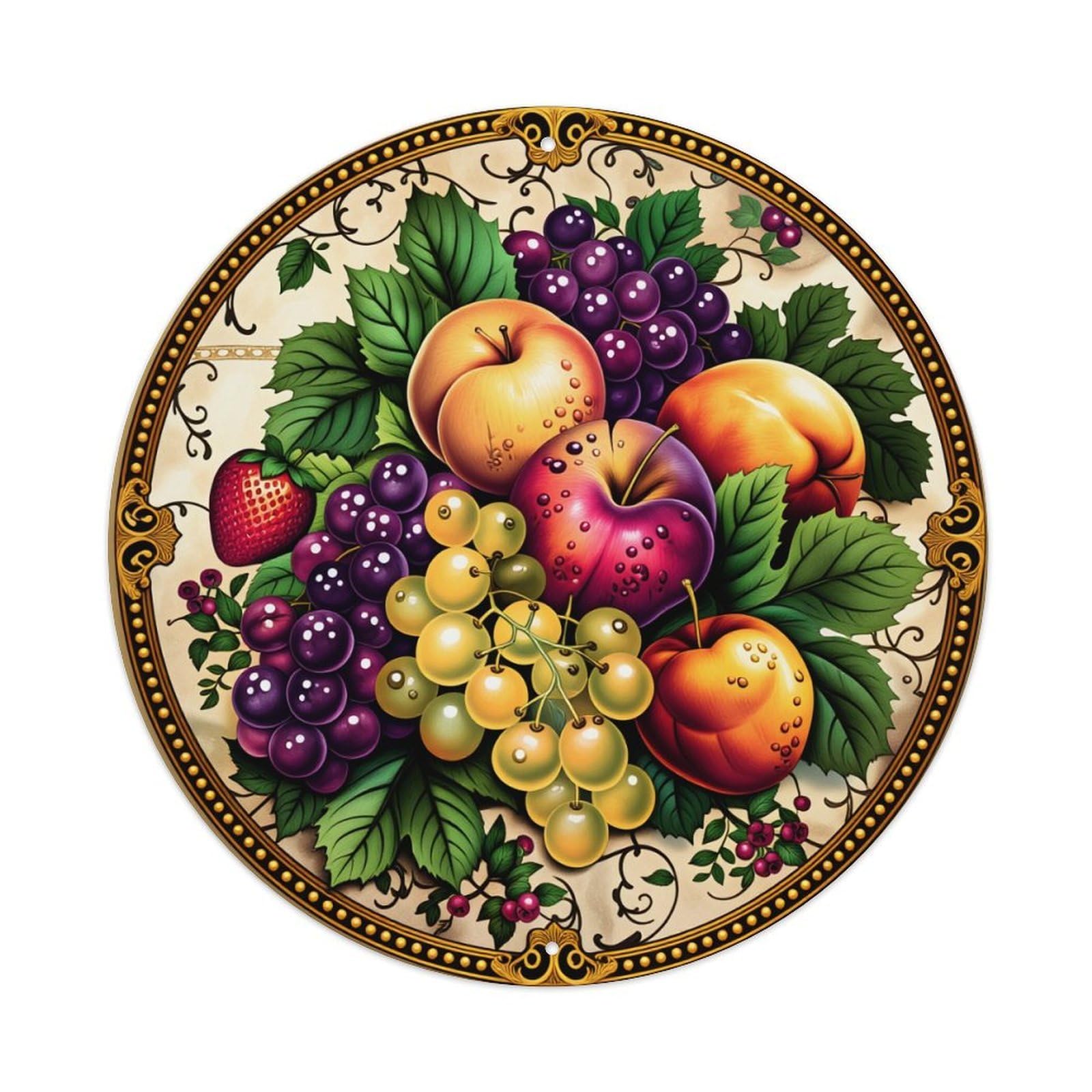 Fruit Arrangement With Leaves And Grapes Round Sign Wall Decor Poster, Home Bar Garage Cafe Kitchen Wall Art Decoration 12X12Inches