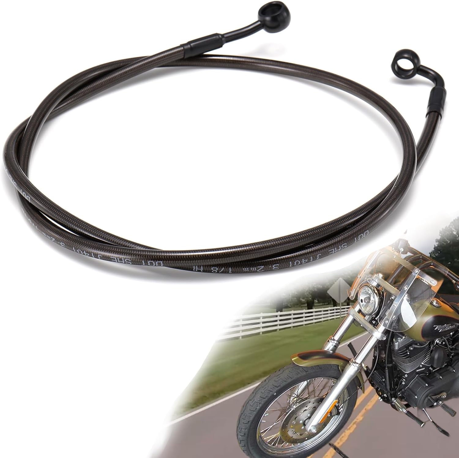 14" Ape Hanger Handlebar Extended Front Brake Line Black Vinyl Stainless Steel Braided for 1996-2006 Dyna Super Glide/Wide Glide/Low Rider non-ABS