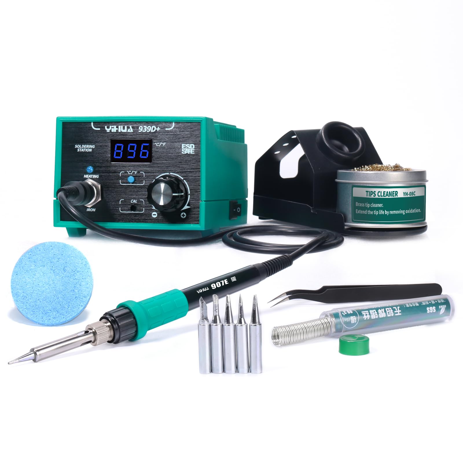 YIHUA 939D+ Digital Soldering Station, 75W Equivalent with Precision Heat Control (392°F to 896°F) and Built-in Transformer. ESD Safe, Lead Free with °C/°F display (Green)