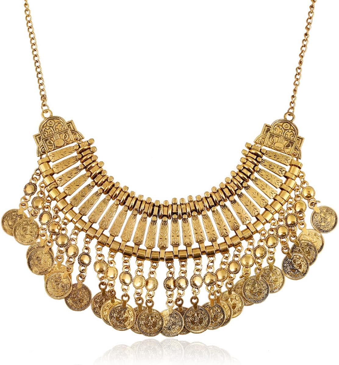 Long Tassel Chunky Boho Coin Statement Necklace For Women Silver