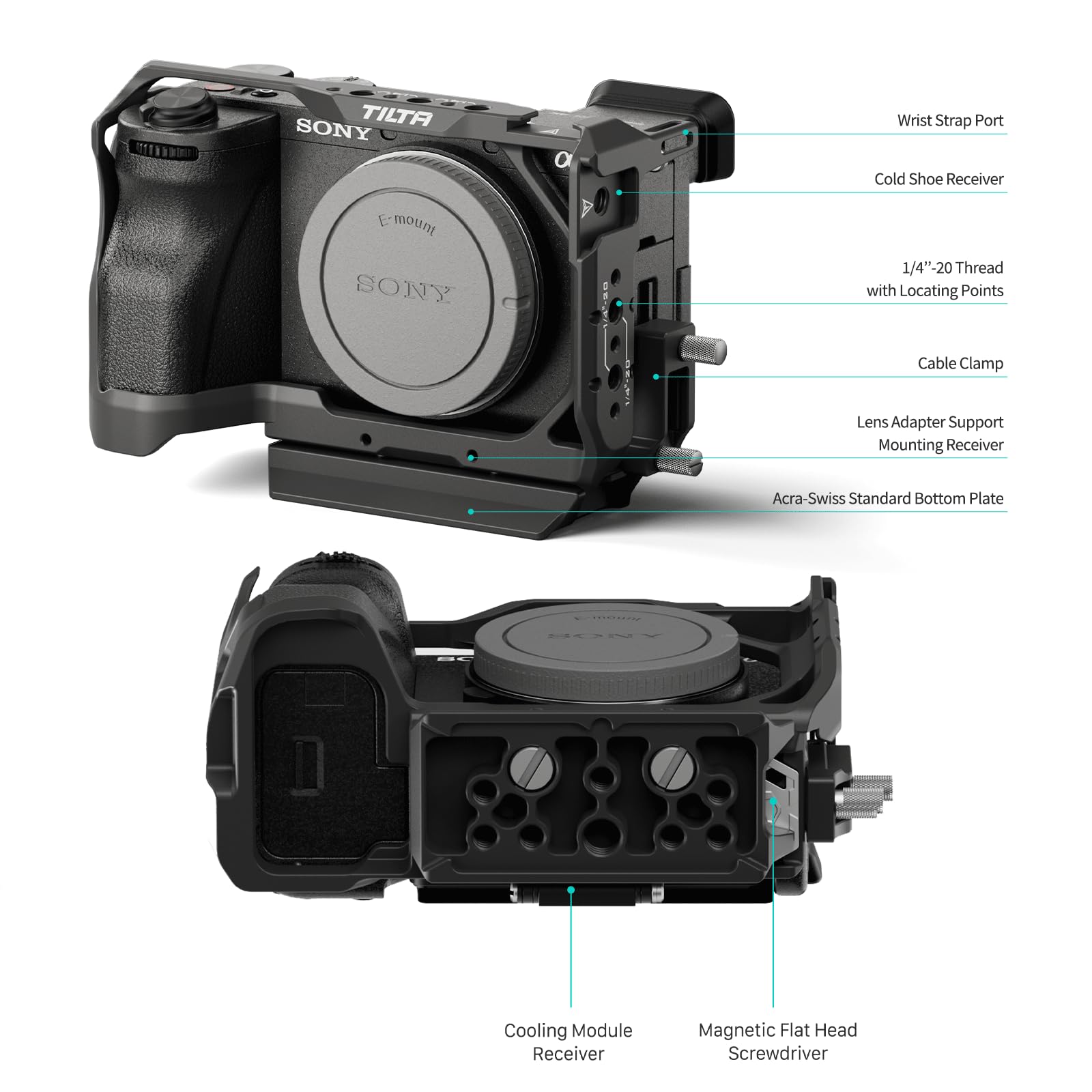 Tilta A6700 Cage, Jaula de cámara completa compatible con Sony a6700 con placa base Arca y abrazadera de cable HDMI - Negro TA-T54-FCC-B