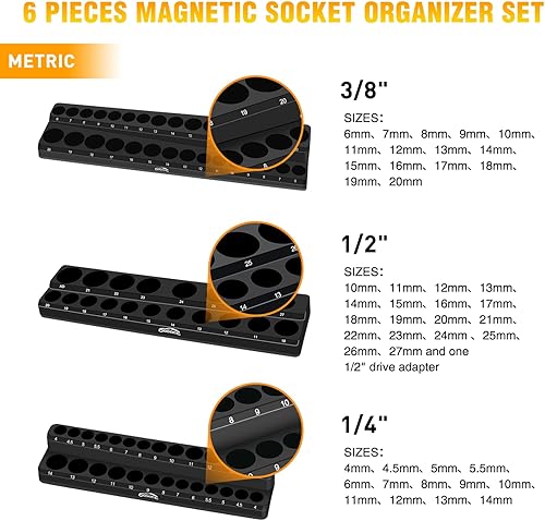 Vista 54 de GOOACC Organizador magnético de enchufes de 1/4 de pulgada, 2 piezas de soporte métrico SAE, bandeja organizadora de enchufes de 1/4 de pulgada