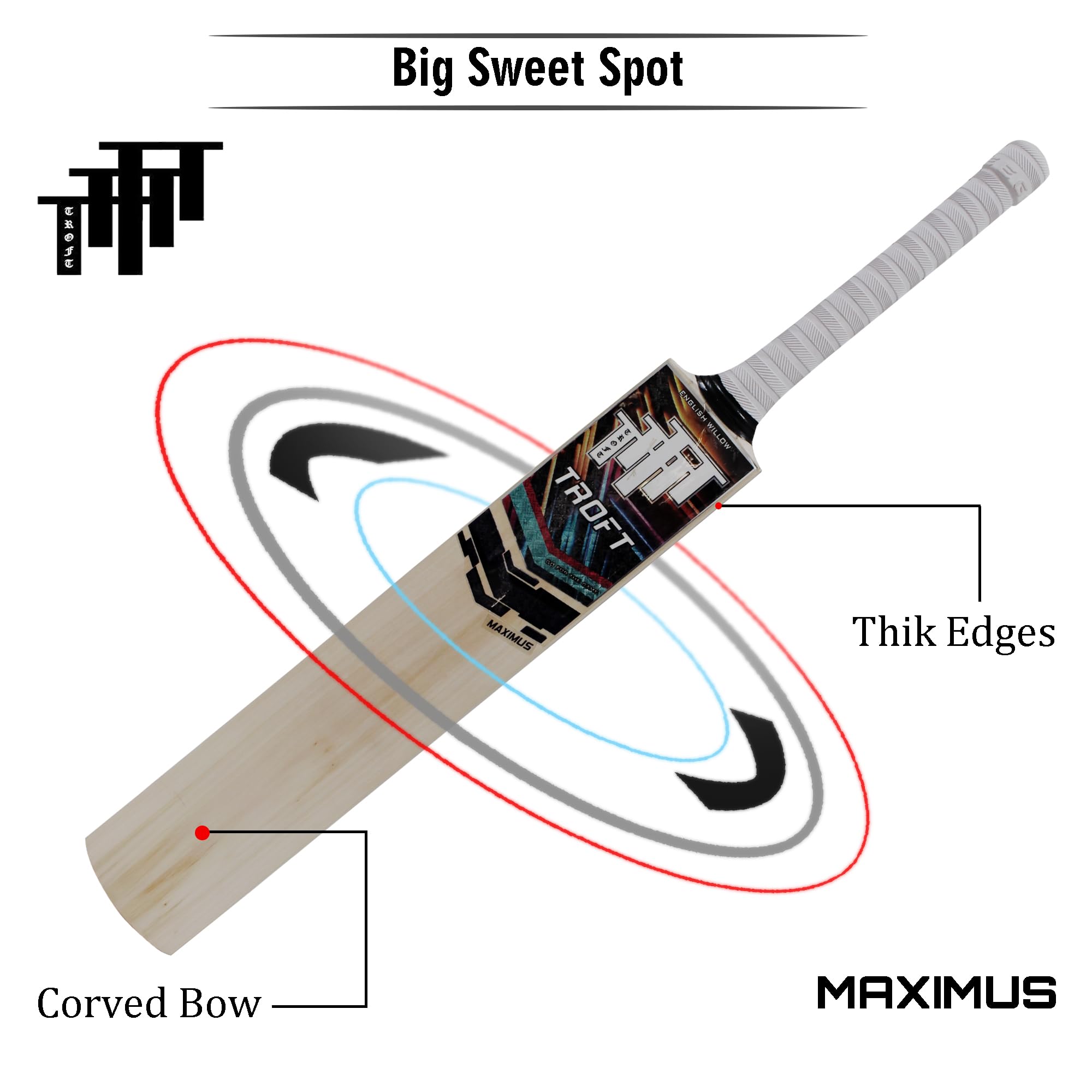 Troft Maximus Grade 1 English Willow Cricket Bat | Premium Grade English Willow Bat with Large Sweet Spot & Thick Edges | Professional Match & Practice Bat (Size SH | 33.5 in) 3