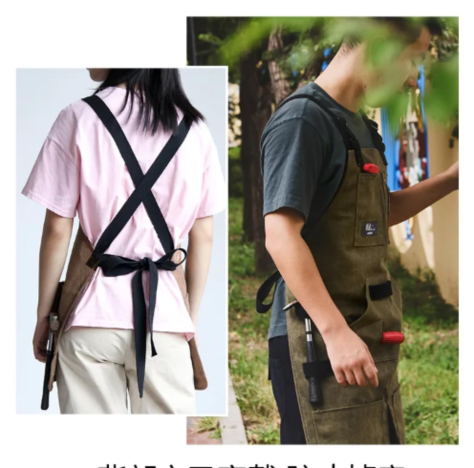 Delantal Cocina Baberos Delantales para Hombres Y Mujeres Delantal De Trabajo De Lona Duradera con Bolsillos Correas Cruzadas Delantal De Herramientas Ajustable