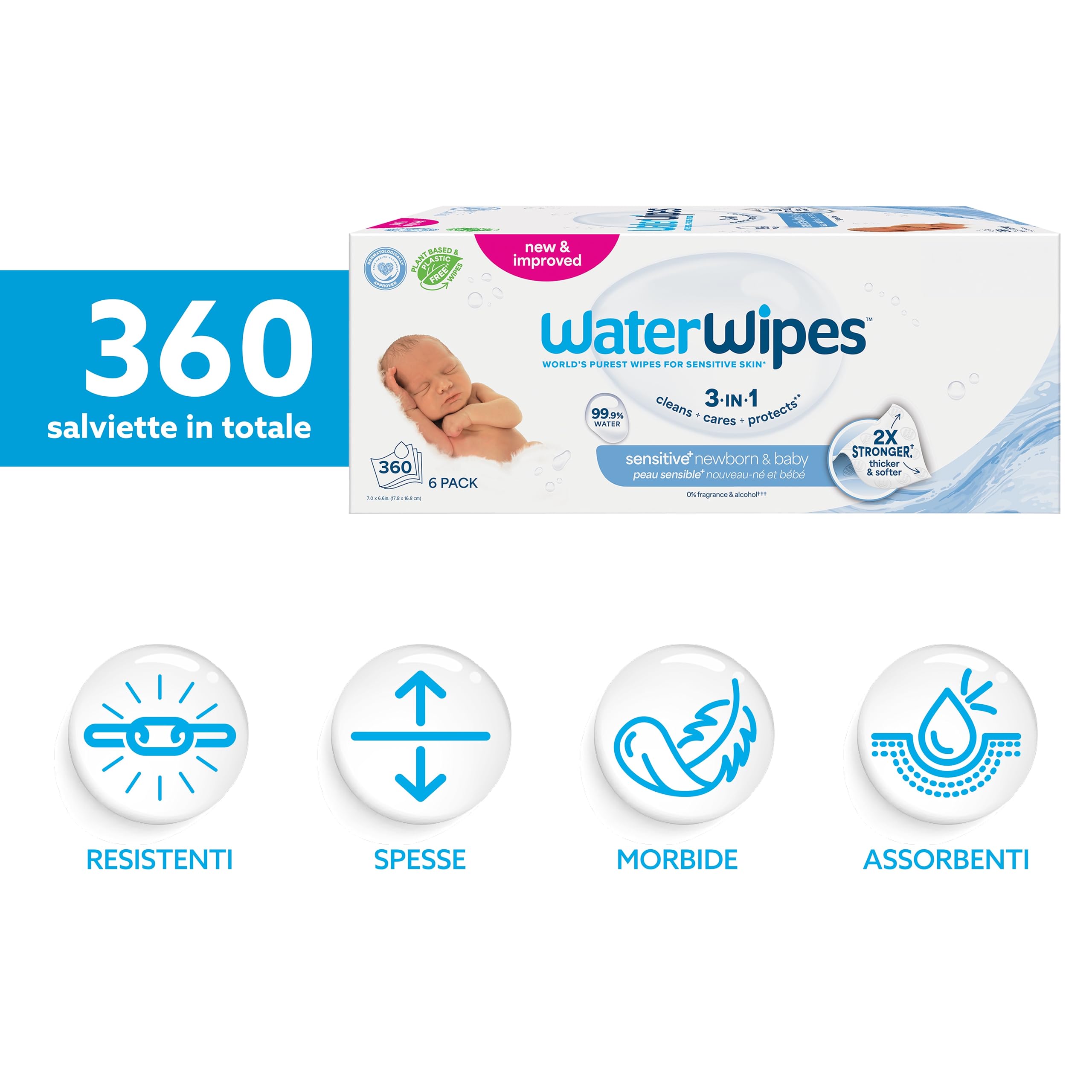 WaterWipes Sensitive+ Newborn & Baby Wipes, 360 Pezzi (6 Confezioni), Deterge, Cura, Protegge, 99,9% Acqua, Senza Profumo
