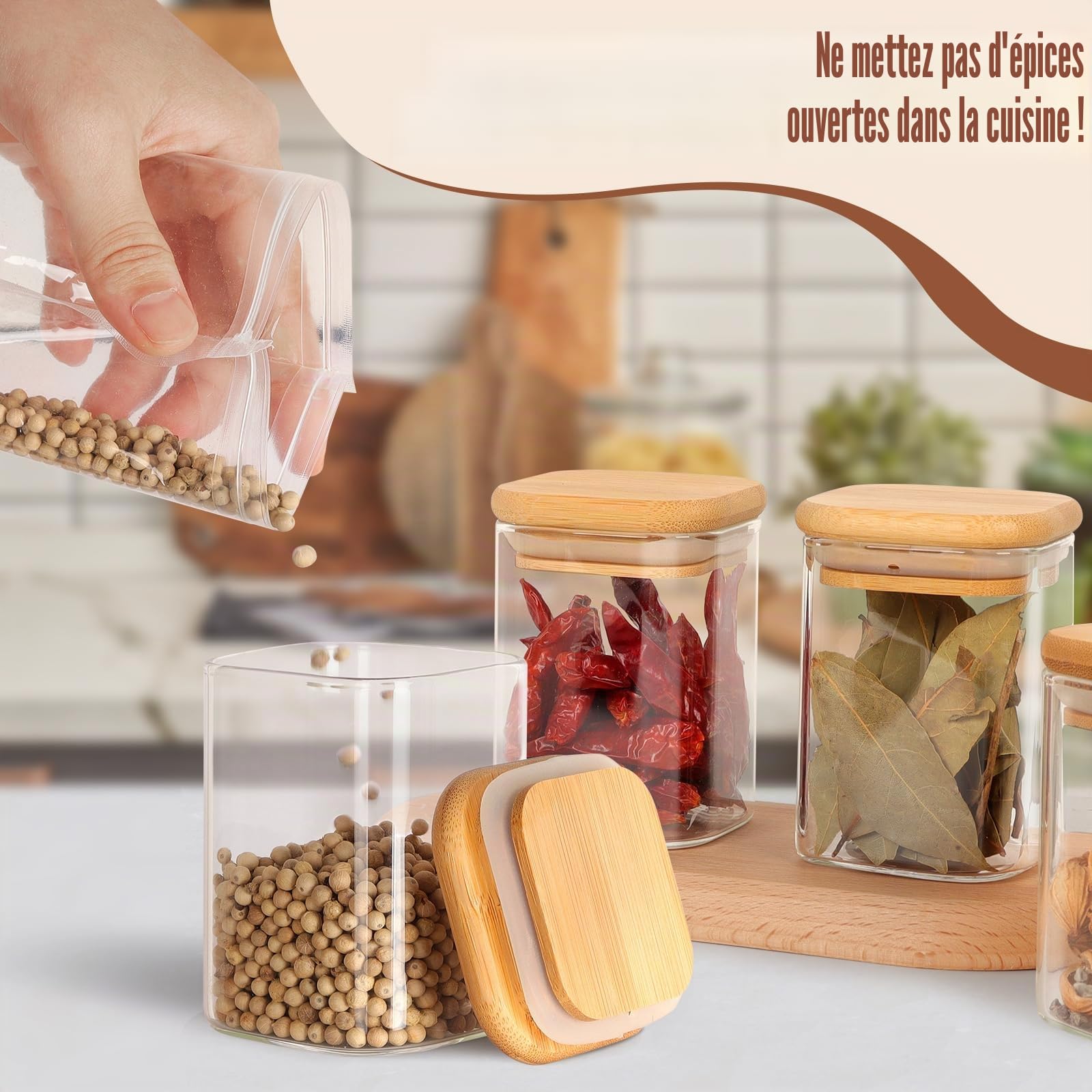 Solvant Lot de 12 Pot a Epices CarréS 200 ml HerméTiques avec Couvercle en Bois, pot Epices Verre, RéCipient à éPices, Ensemble de pots à éPices, Stockage d'éPices, Shaker à éPices, Stockage d'éPices