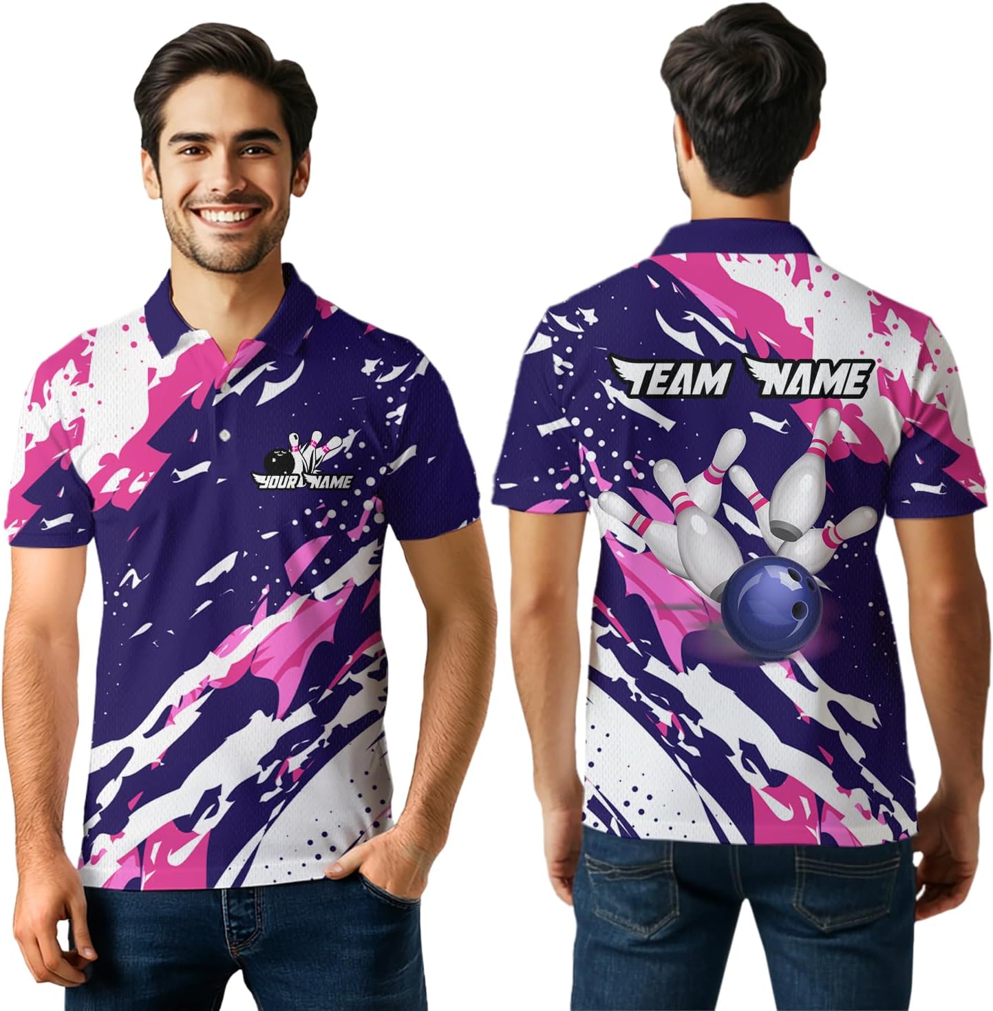 Purple&Pink Bowling Shirts for Women Men Custom Team Bowling Jerseys Personalized Bowling Polo & Quarter Zip Shirts