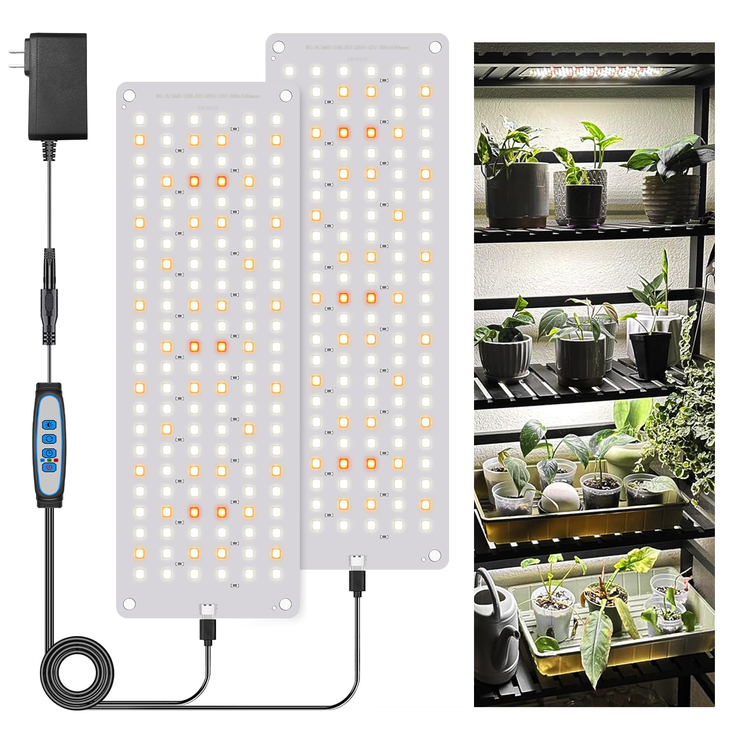 Garpsen Grow Lights - 276 LED Full Spectrum Plant Light with Auto Timer (6/12/16H), 3 Color Modes & 5 Dimmable Levels, 24W UL Adapter Growing Lamp Panel for Indoor Plant Stand (2 Panels)