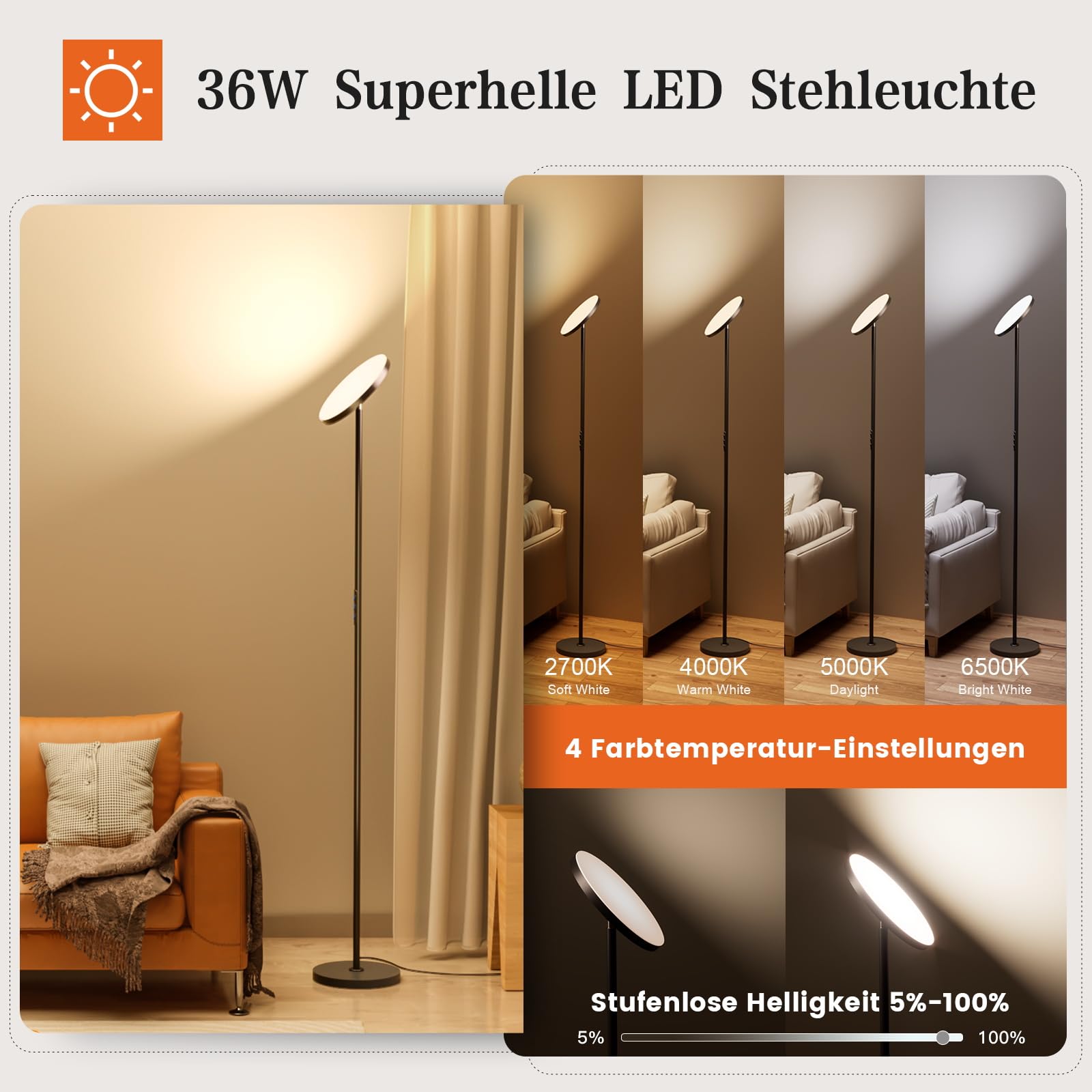 Torkase Lámpara de Pie LED Regulable de 36 W, Lamparas de Pie Para Salon Superbrillante de 3000 LM Para Sala de Estar, Atenuación Continua de 2700K-6500K, Control Remoto y Control Táctil