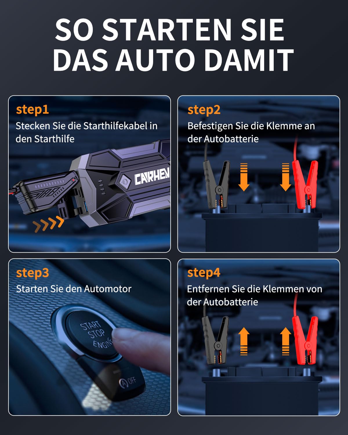 CARHEV Starthilfe Powerbank für Pkw, 4500A Starter Powerbank (Bis Zu 8,0L Benzin Oder 8,0L Diesel), Booster Auto Starthilfe mit LED, Jump Starter mit Starthilfekabel und 2 USB Ausgänge