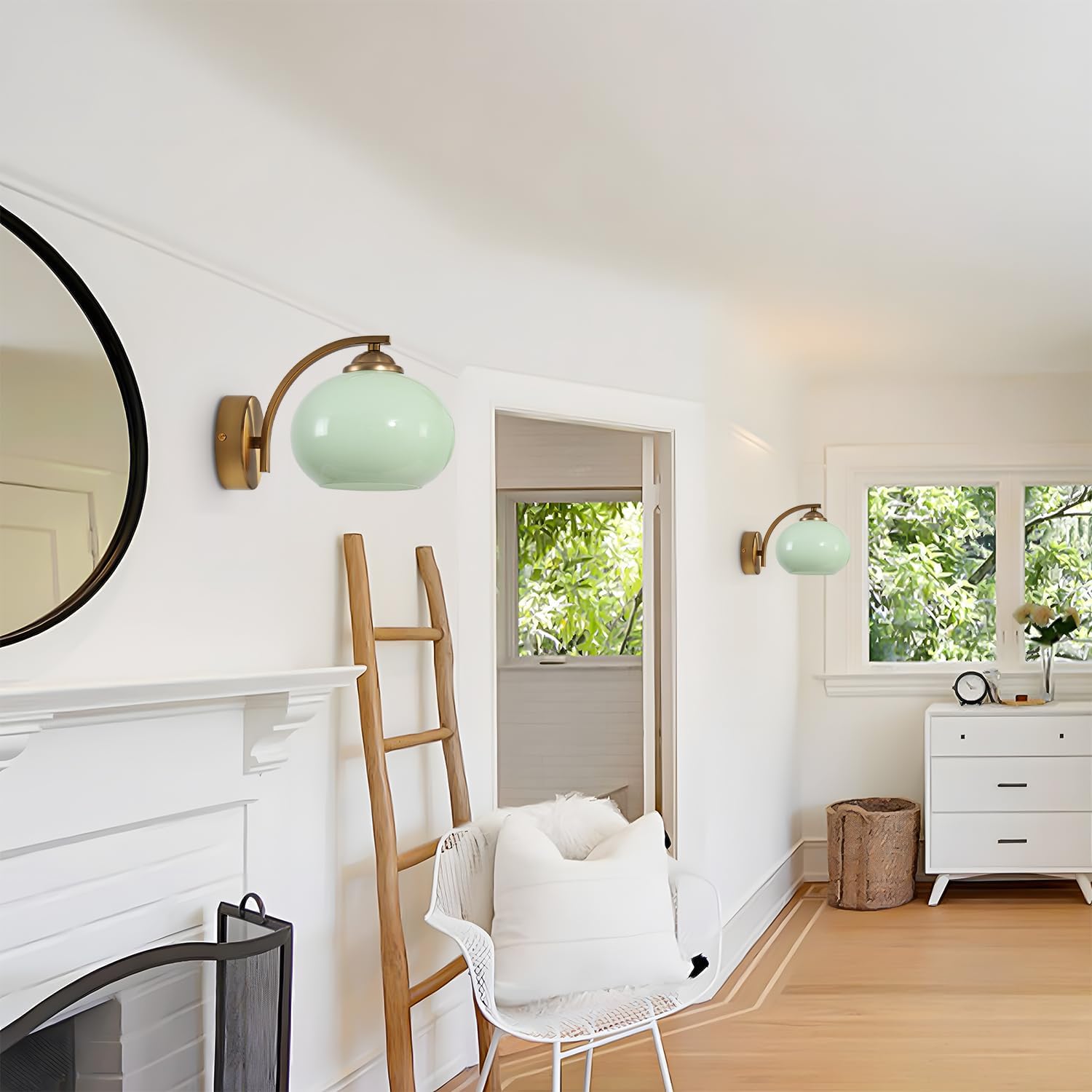 Green Glass Kitchen Sconce Light Brushed Gold Bathroom Vanity Light Vintage Hardwired Wall Sconce Set of 2 Mid Century Modern Wall Lighting