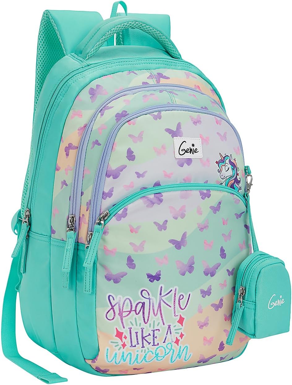 Pixie School Backpack for Girls |17 In-27 Ltr with Three Compartments, Side Pockets and Light Weight with Padded Shoulders |Best for Books,Stationery, Lunch Box & Essentials - Teal