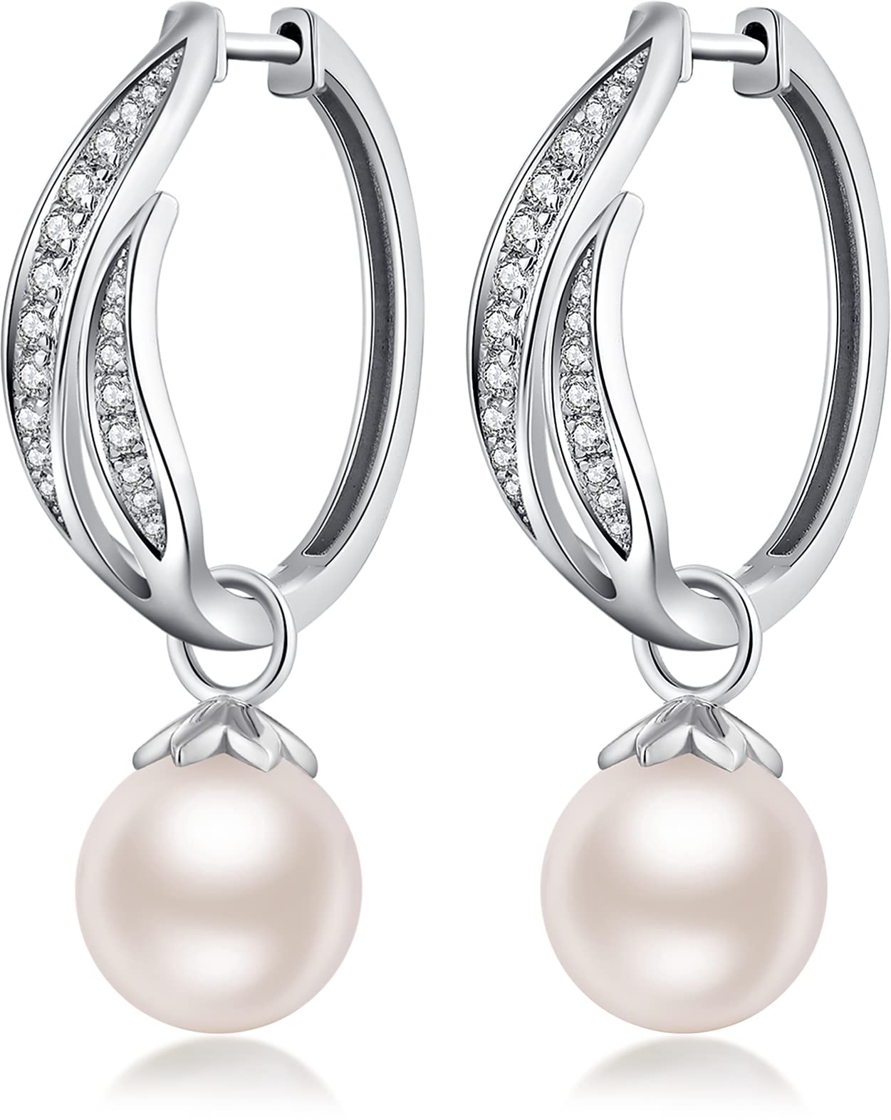 Jiahanzb Pendientes de perlas bañadas en oro blanco de 18 quilates para mujer, plata de ley 925, pendientes de perlas colgantes para mujer, niñas, joyas regalos