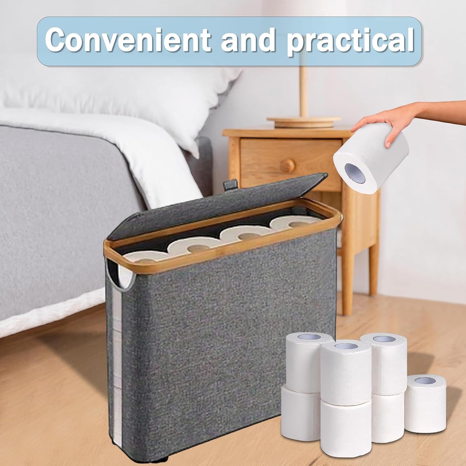 YOXIER Toilet Paper Storage Basket with Lid,Toilet Paper Organizer for Bathroom, Bamboo Toilet Paper Storage Holder Stand Free Standing with Handle, Enclosed Toilet Paper Tissue Storage Bin Container