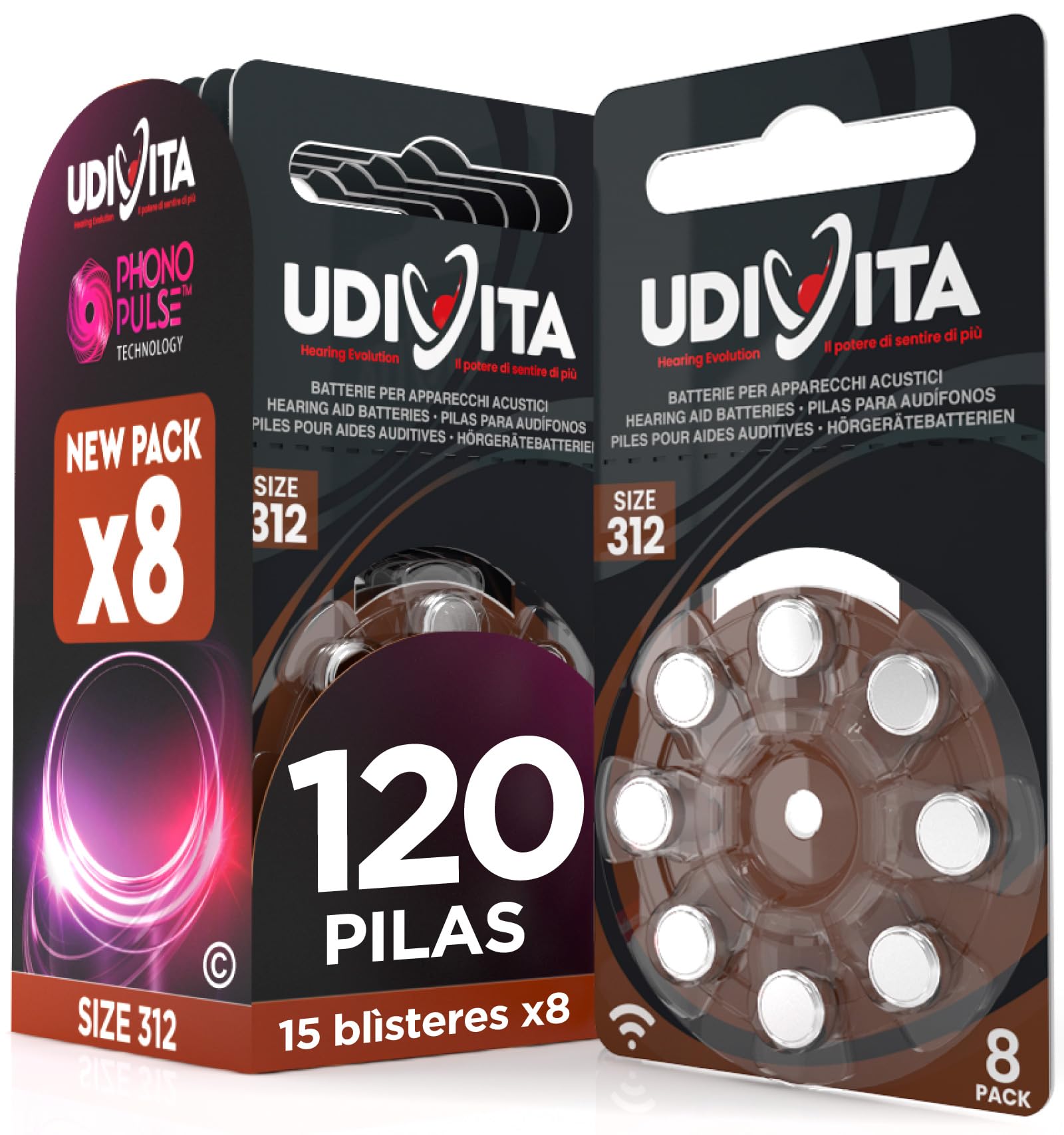 120 Pilas para Audífonos Tamaño 312 Udivita PR41 (Marrón) Zinc-Aire Hearing Evolution Tecnología Phono Pulse - 15 Blísteres de 8 Pilas