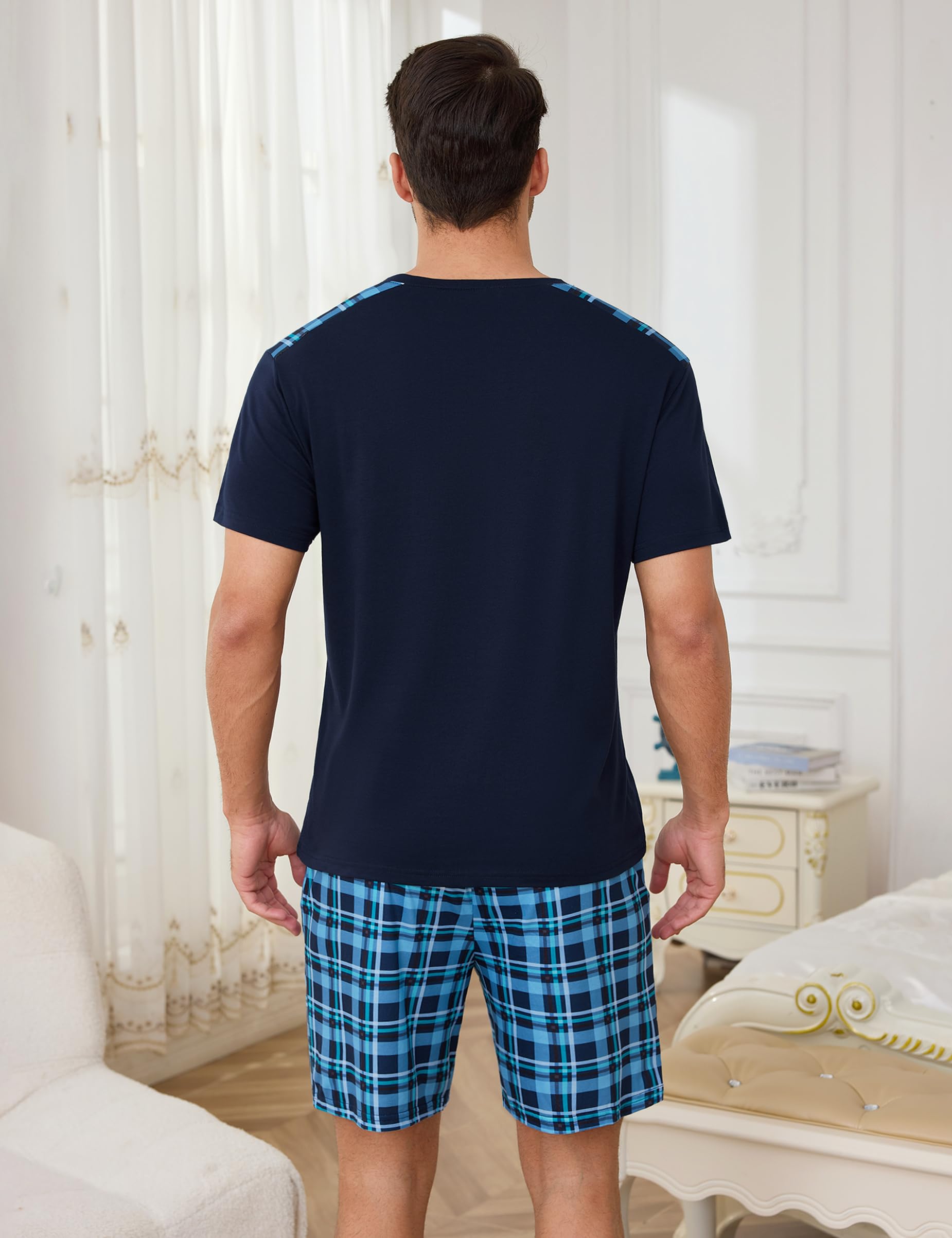 Litherday Schlafanzug Herren Kurz Sommer Baumwolle Pyjama Set Kurzarm Shorty Zweiteiliger T-Shirt Schlafanzughose Loungewear für Männer