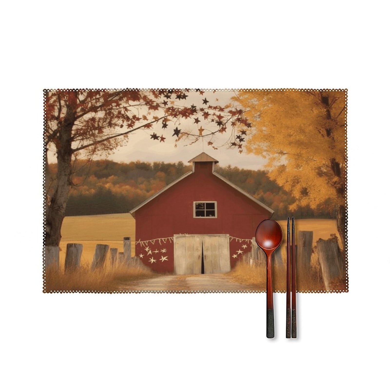 Fall Country Barn Placemats Set of 6 Heat Resistant Non-Slip Place Mats Washable Wipeable Table Mats Elegant Farmhouse Placemat for Kitchen Dining Outdoor Party Table Decor