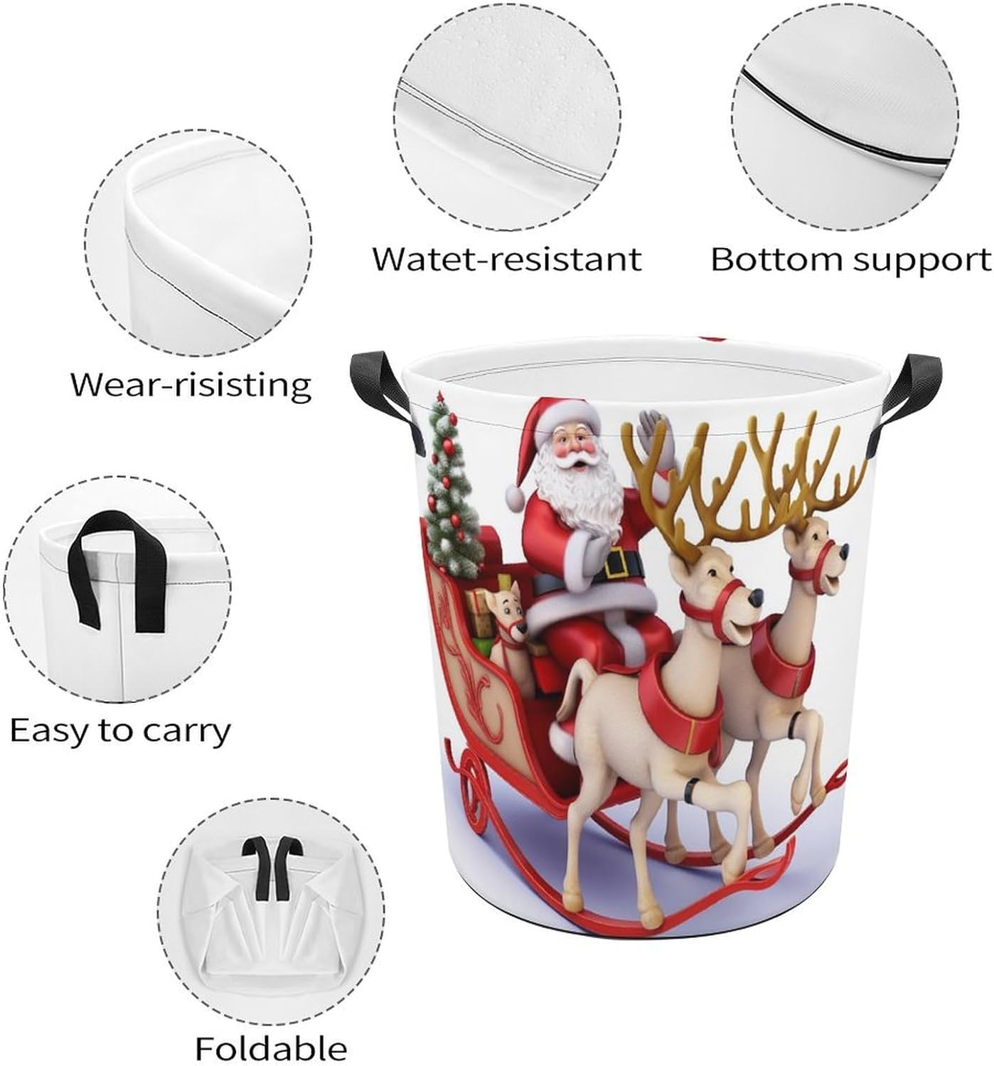Collapsible Laundry Basket, Santa Claus Reindeer Sled Printed Foldable Oxford Cloth Storage Basket，suitable for Bedrooms, Bathrooms, Clothes, Toys