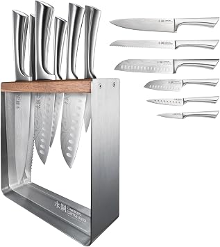 Cuisinepro Damashiro Knife Block Kinzoku ، مجموعة 7 قطع - مجموعة سكين فولاذية يابانية ، نمط دمشق مع علبة عرض أكريليك