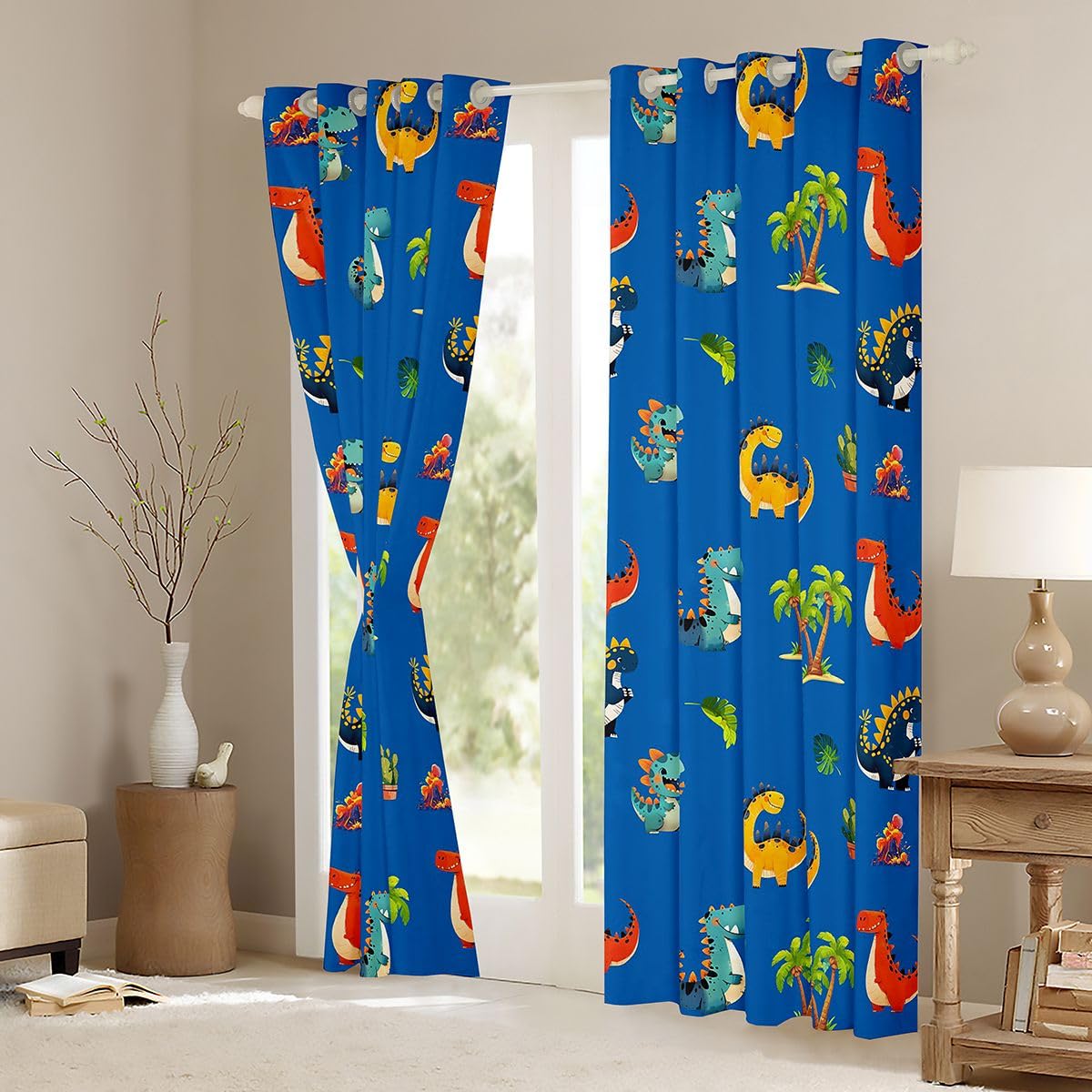 Homewish Zasłony okienne z dinozaurami, 132 x 160 cm, 2 zestawy paneli – kreskówkowy dinozaur, zasłony zaciemniające, kolorowe, niebieskie, czerwone, zasłony okienne, starożytna dżungla, zwierzęta do