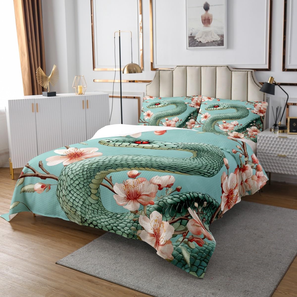 Castle Fairy Coiled Snake Coverlet Set Twin Size Pink Cherry Blossom Bedspread Fashion Room Decor Japanese Style Luxury Quilted for Teens Gift Reptile Animal Bedspread with 1 Pillowcase
