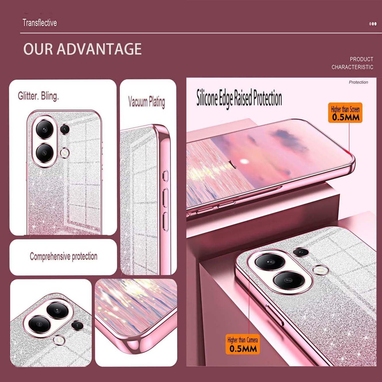 YUECXIN Case for Xiaomi Redmi Note 13 4G, Gradient Bling Shiny Cardstock Sparkle Design Soft TPU Silicone Cover - Image 4