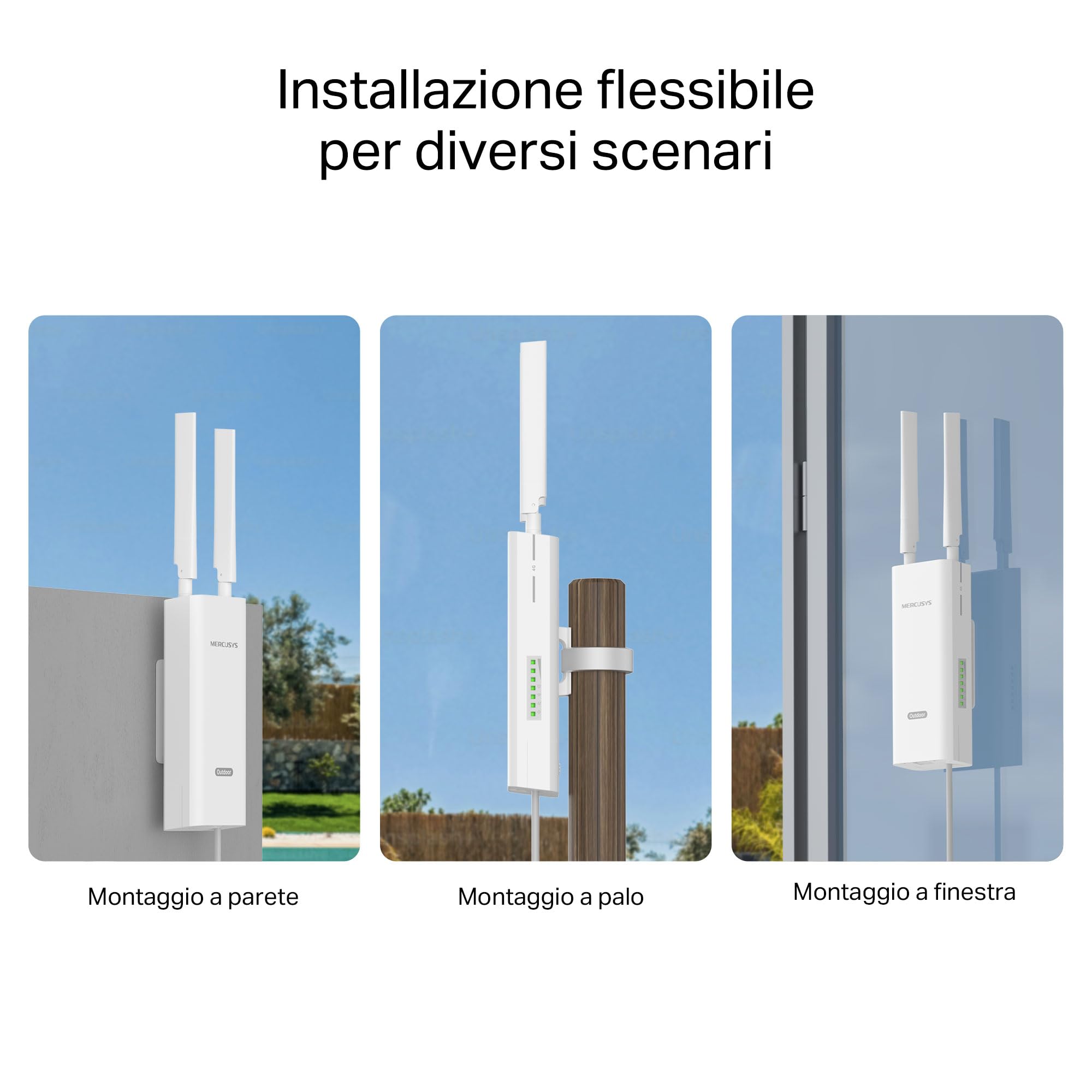 MERCUSYS MB118-4G Router WiFi con Sim da Esterno, 4G CAT4 LTE N300Mbps, 2 Antenne LTE Rimovibili, Porta LAN, Alimentazione PoE/DC, Montaggio su Palo, Parete e Finestra, SMS, APP, Plug&Play, IP65