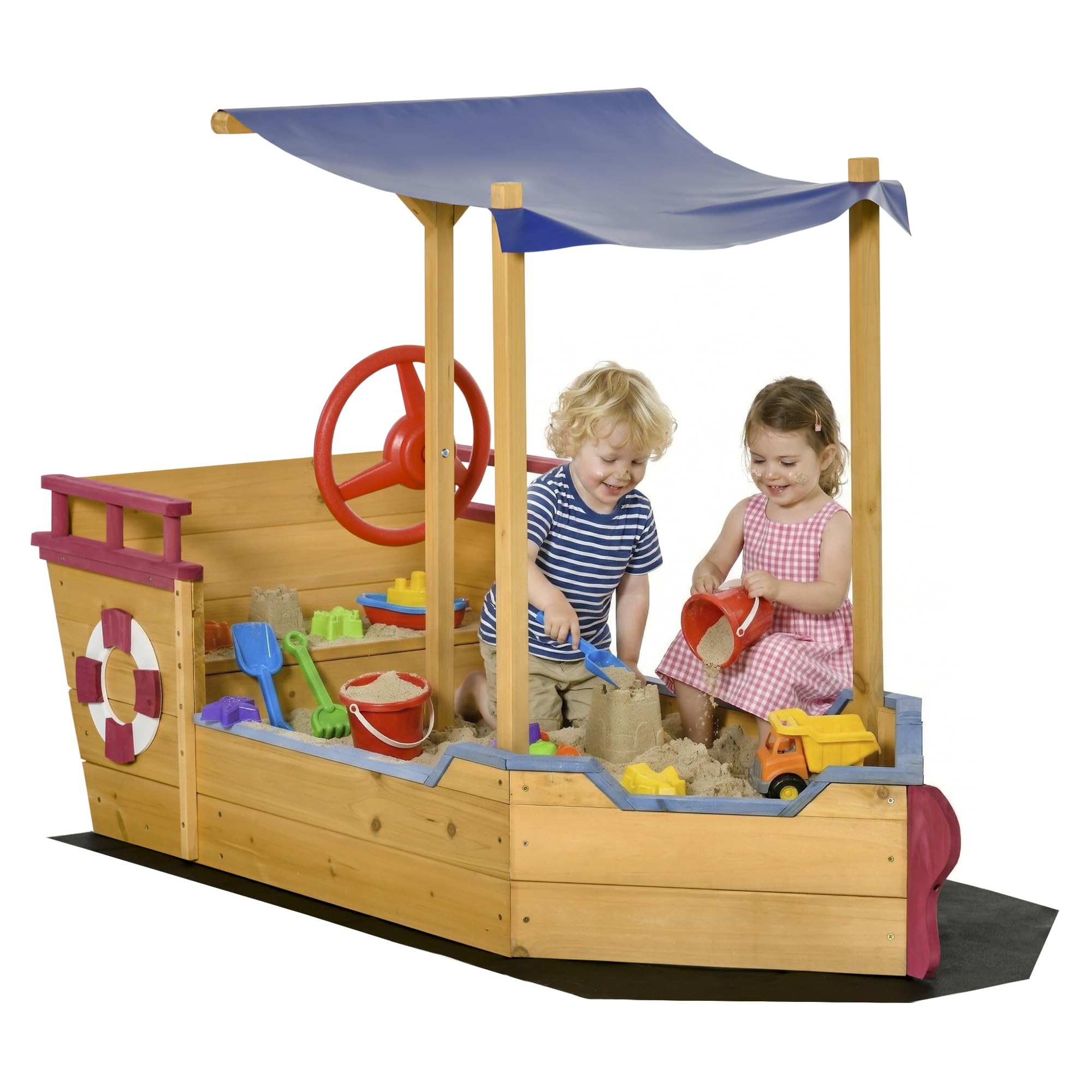 Outsunny Sand Pit, Kids Wooden Sandbox Pirate Ship, Sandboat Play Station with Canopy Shade, Storage Bench and Bottom Liner for Outdoor Garden