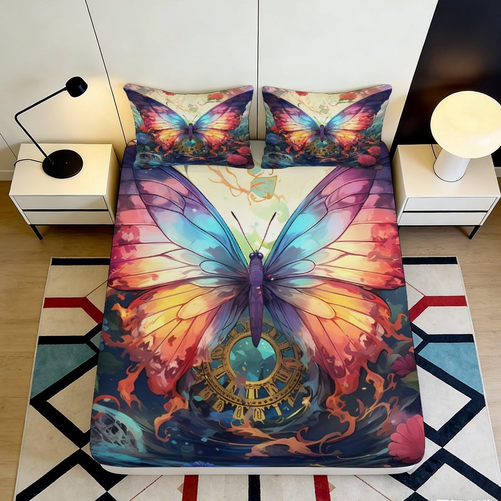 Jqzkxnhpbr Style-3 3D Printed Colorful Butterfly Fitted Sheet Microfiber Soft Decorative Steampunk Bed Cover For Bedroom Guest Room Dorm 90X200x25cm