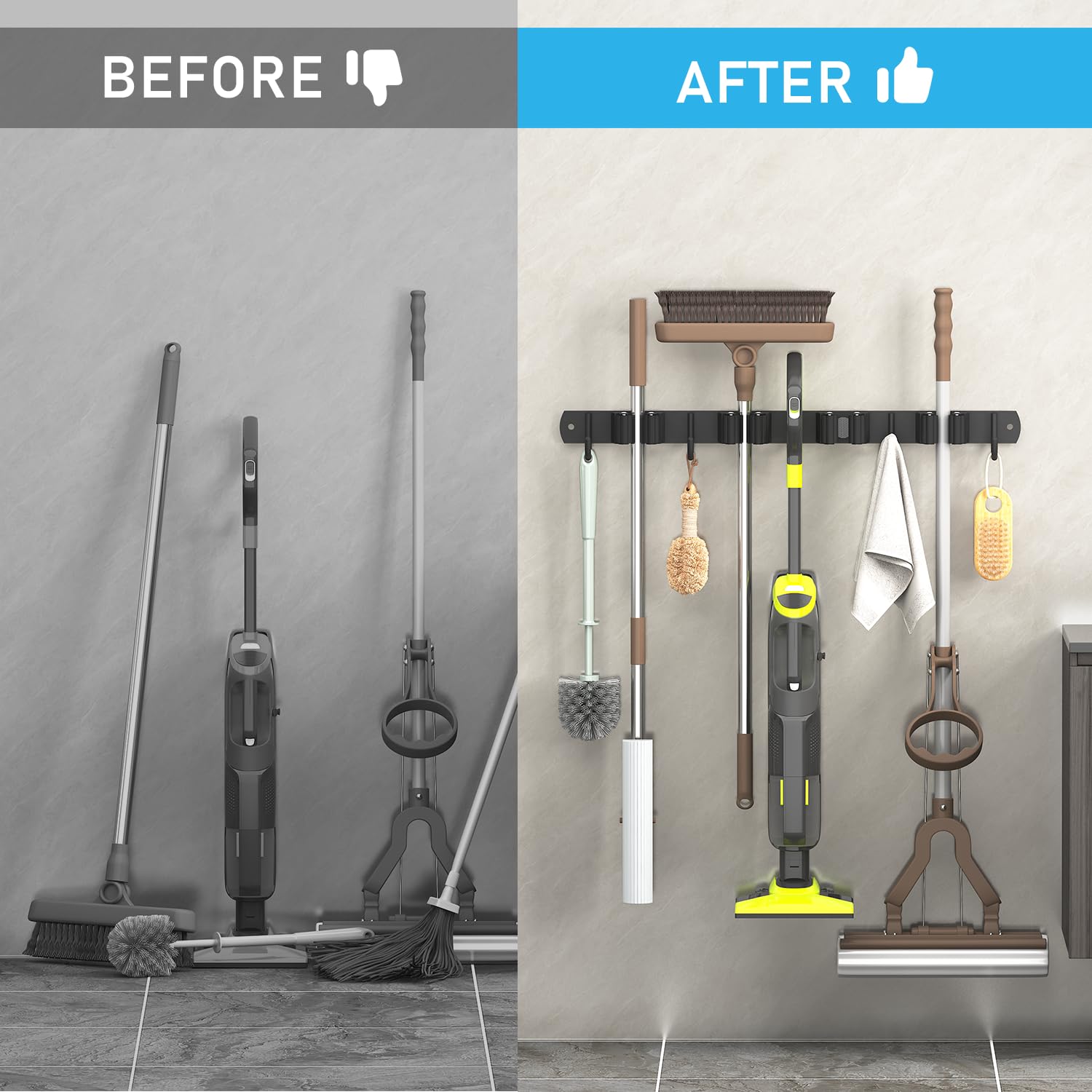 Portascope Da Parete In Acciaio Inox | 5 Ganci E 8 Clip | Organizzatore Per Scope E Utensili - Foto 9