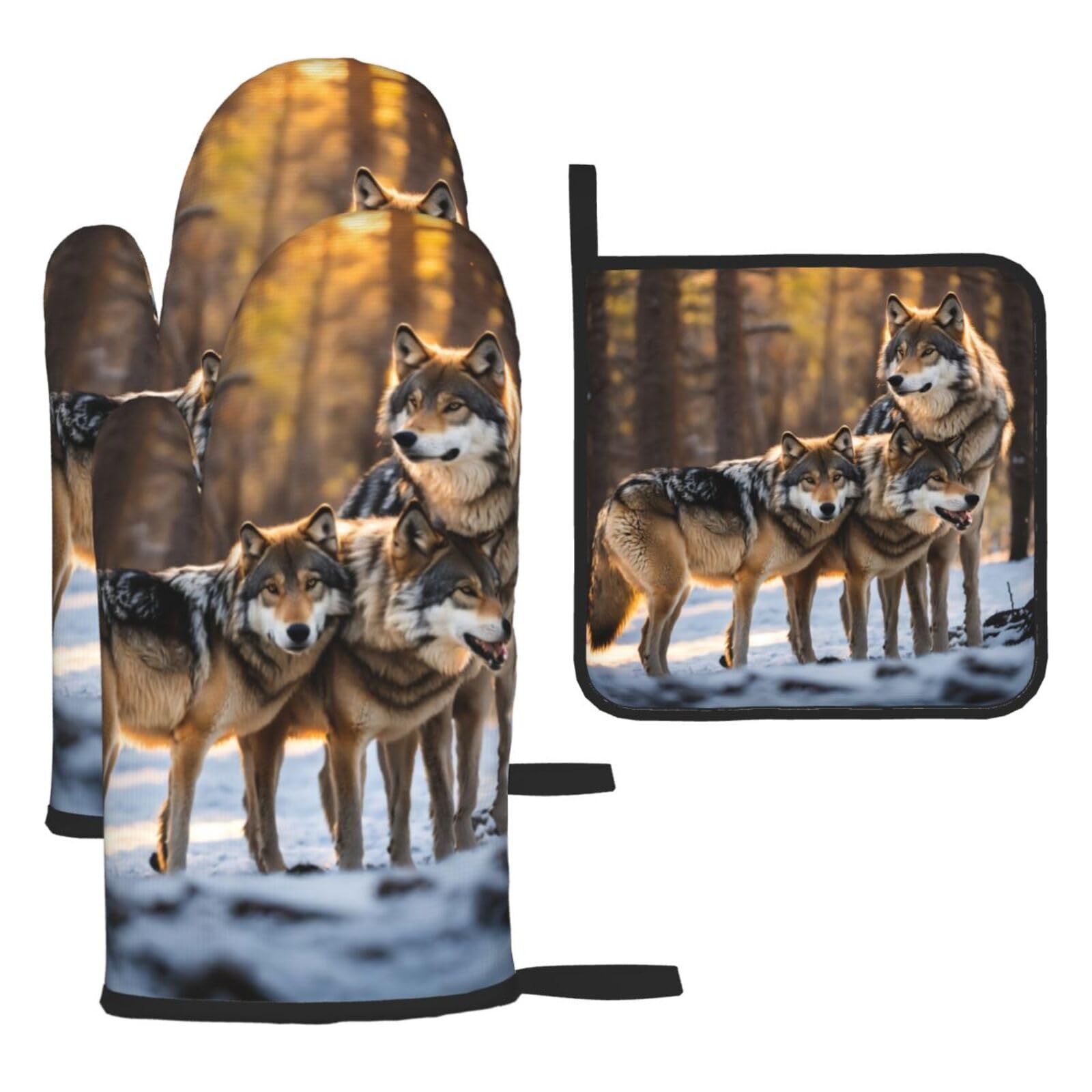 Wolfs Print Oven Kitchen Gloves For Baking Outdoor Grilling Home Use Mitts Microwaving Bbq