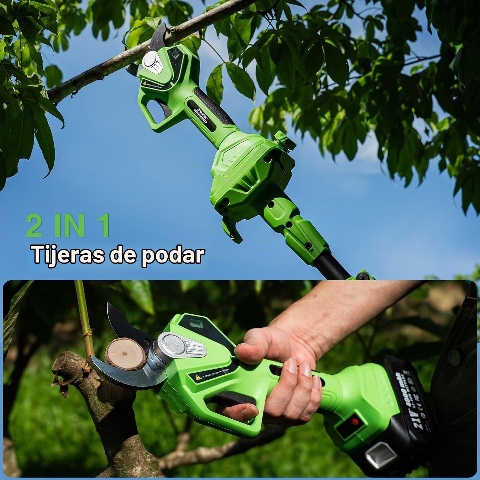 TaskStar Tijera de Podar Eléctrica con Mango Telescópico: 2-en-1 Tijeras de Jardín Eléctricas- Motor Sin Escobillas, 2X 4,0Ah Baterías, Hoja SK5 Extra, 2 Modos, Corte de 40mm para Árboles y Flores