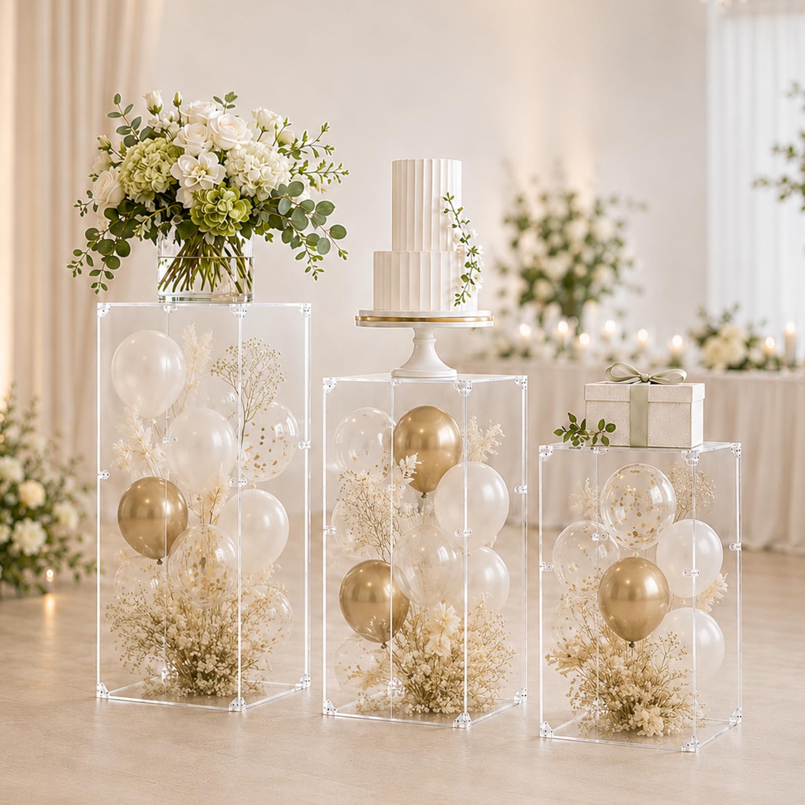 View 1 of **PARTS ONLY** PROY 3 Pcs Clear Acrylic Pedestal Stands, Square Display Risers for Weddings, Parties & Home Decor, Crystal Lucite Columns for Flowers, Cakes & Art, 31.5/27.6/23.6 Inch Tall