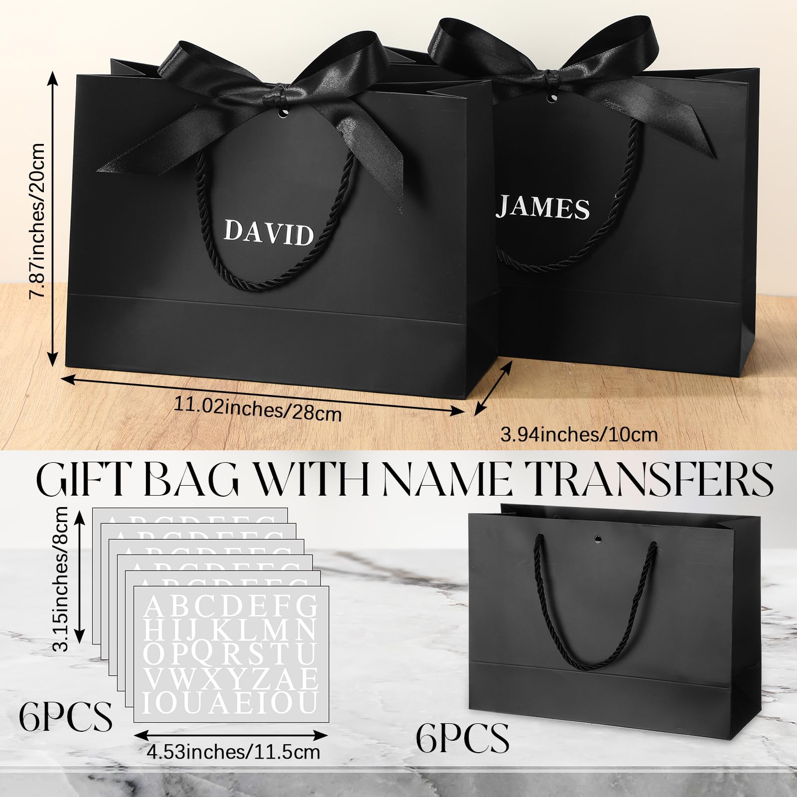 Fullhawl 6 Pack Custom Gift Bags Bulk Personalized Black Groomsmen Gift Bags with Name Logo Stickers Handle Bow Ribbon 5 Senses Welcome Return Gifts for Wedding Proposal Bachelor Birthday Party